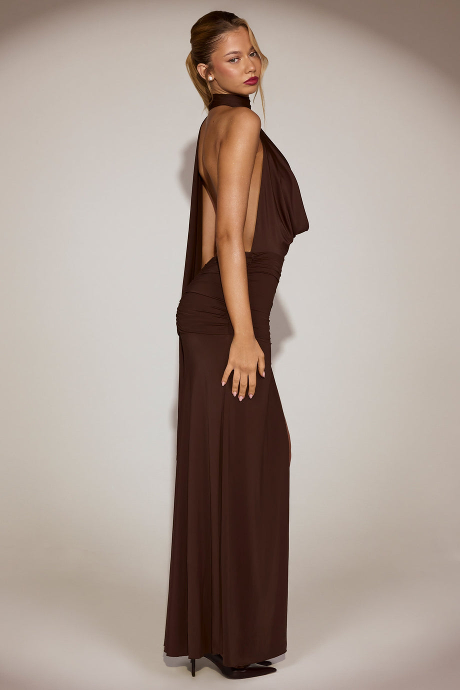 Scarf-Detail Halterneck Maxi Dress in Chocolate Brown