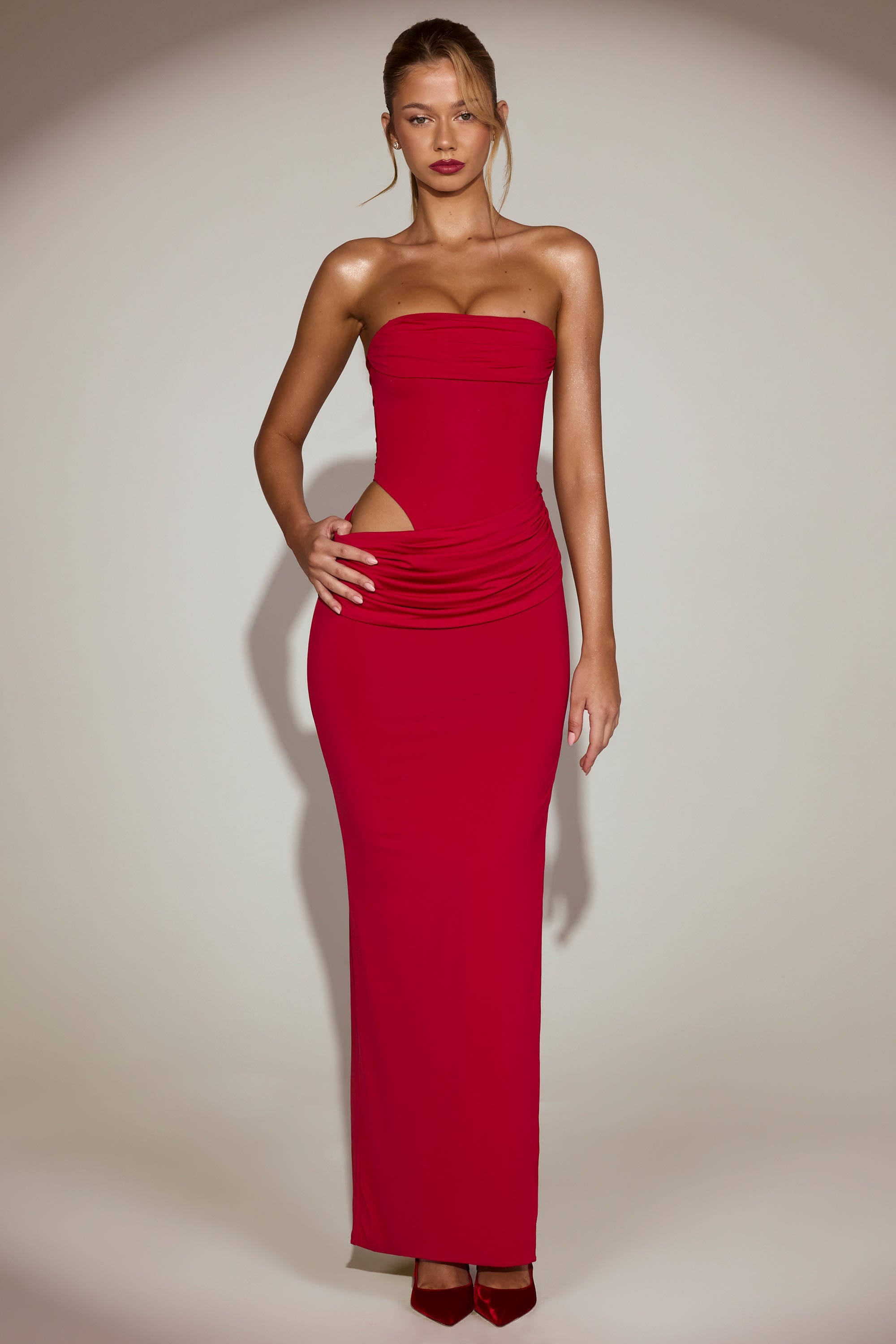 Soft-Jersey Bandeau Cut-Out Maxi Dress in True Red