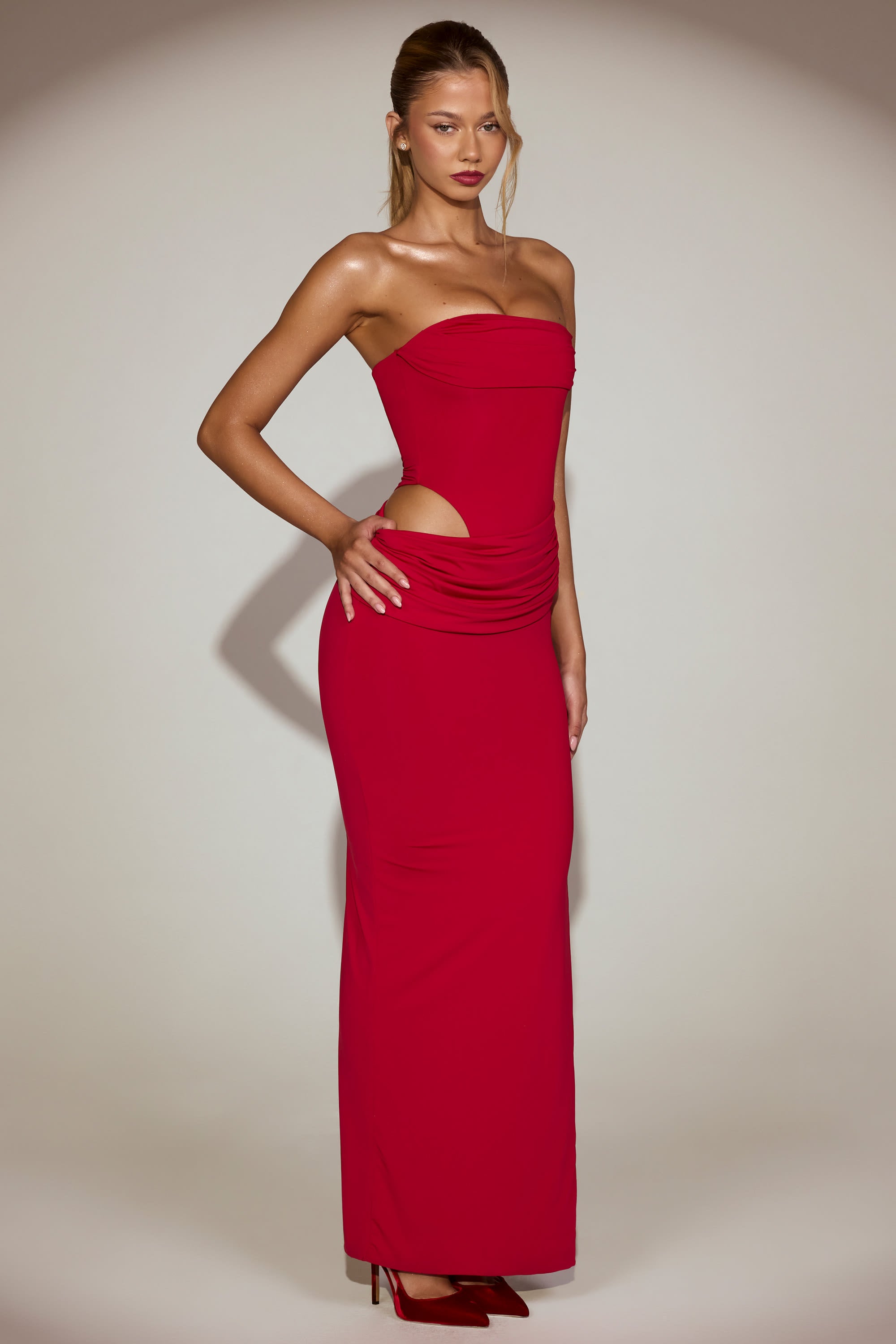 Soft-Jersey Bandeau Cut-Out Maxi Dress in True Red