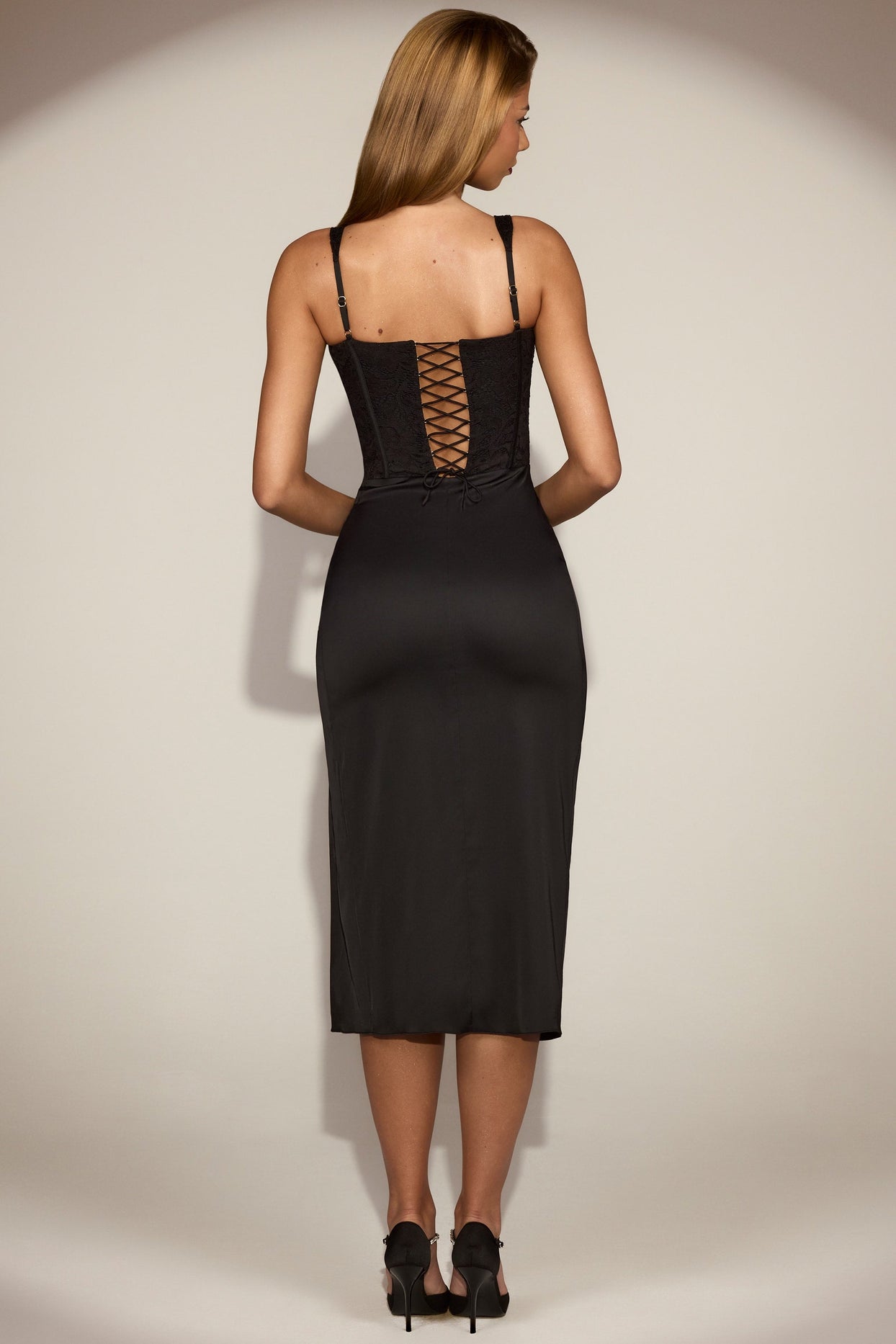 Lace-Trim A-Line Midaxi Dress in Black