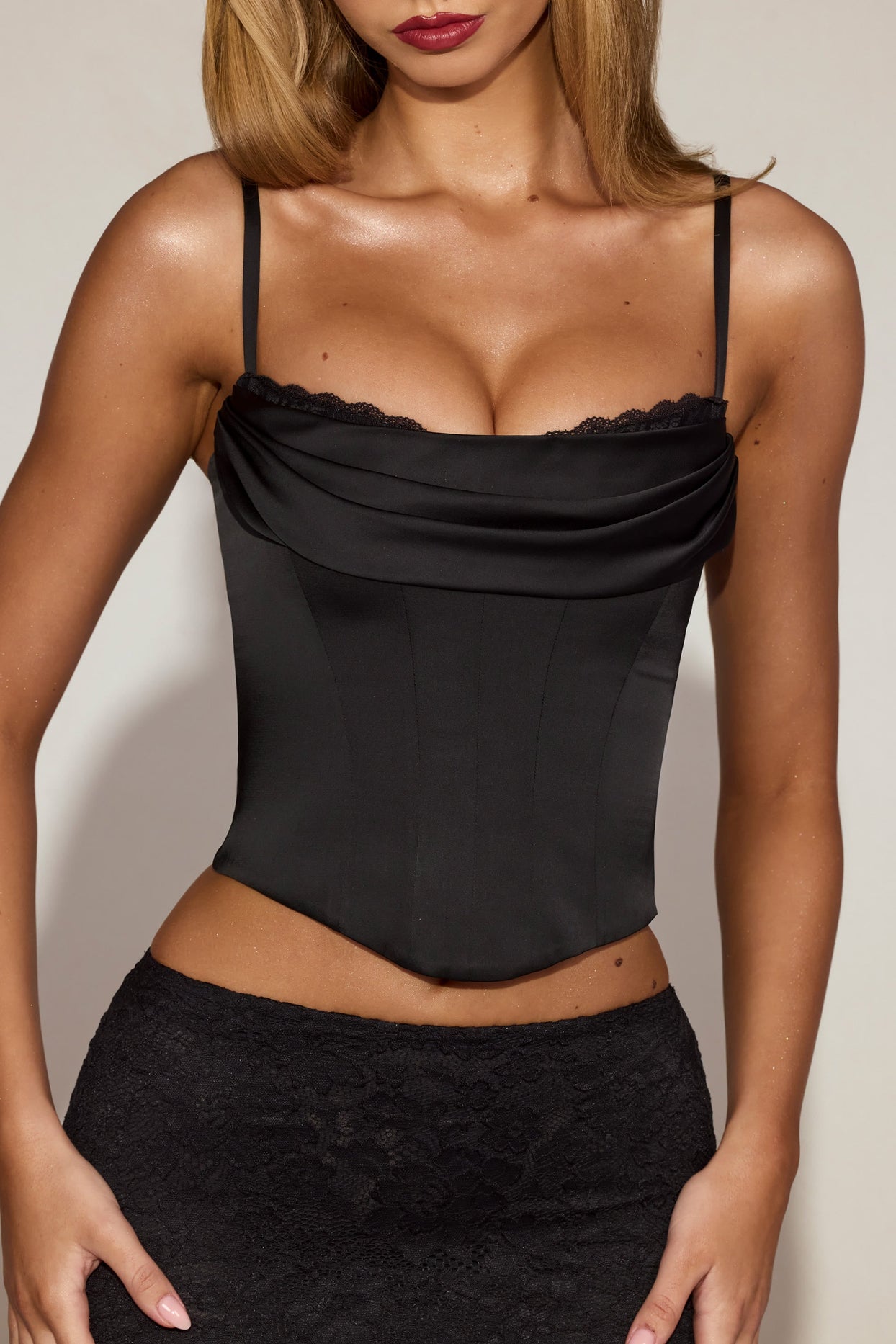 Cowl-Neck Lace-Up Corset Top in Black