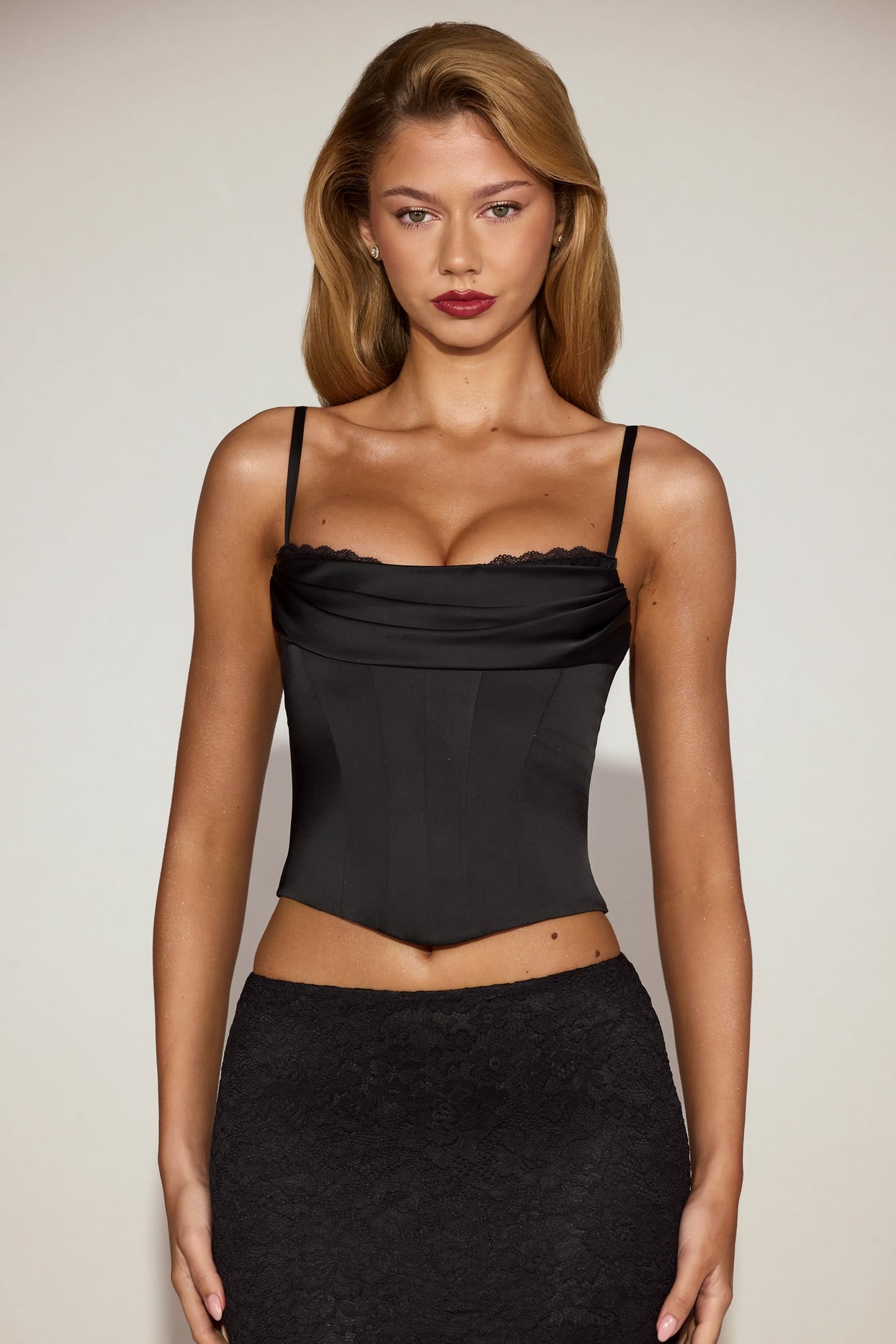 Cowl-Neck Lace-Up Corset Top in Black