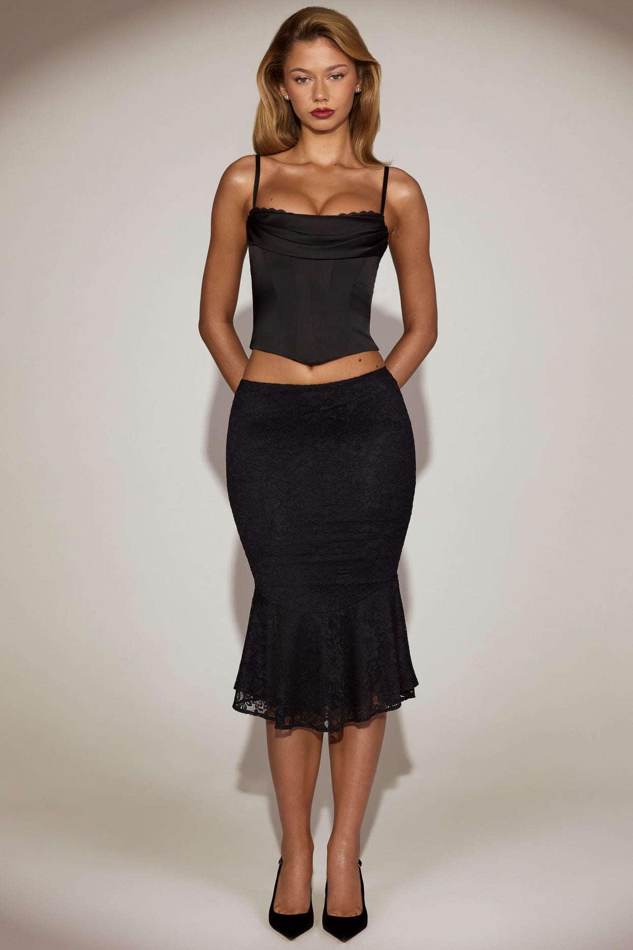 Cowl-Neck Lace-Up Corset Top in Black