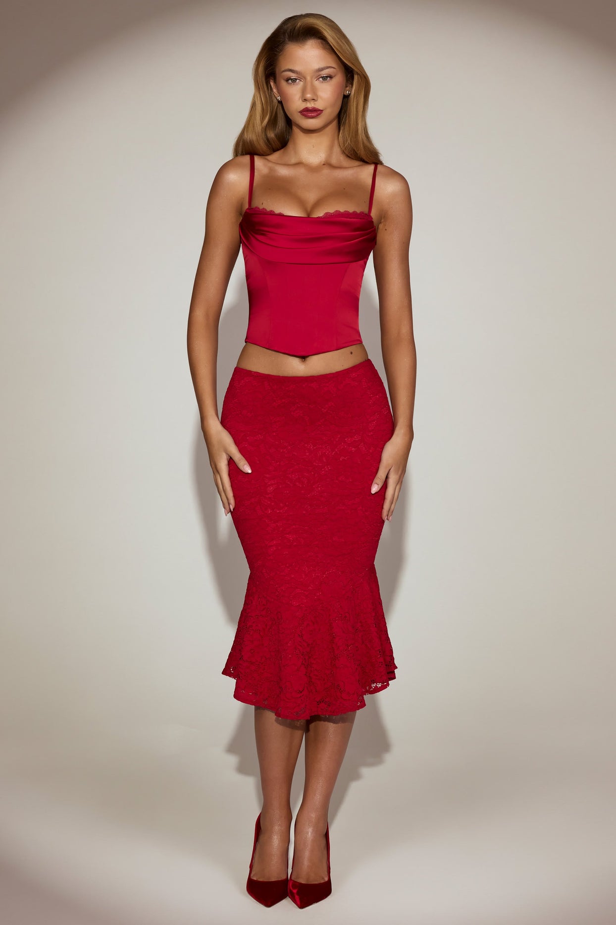 Cowl-Neck Lace-Up Corset Top in True Red