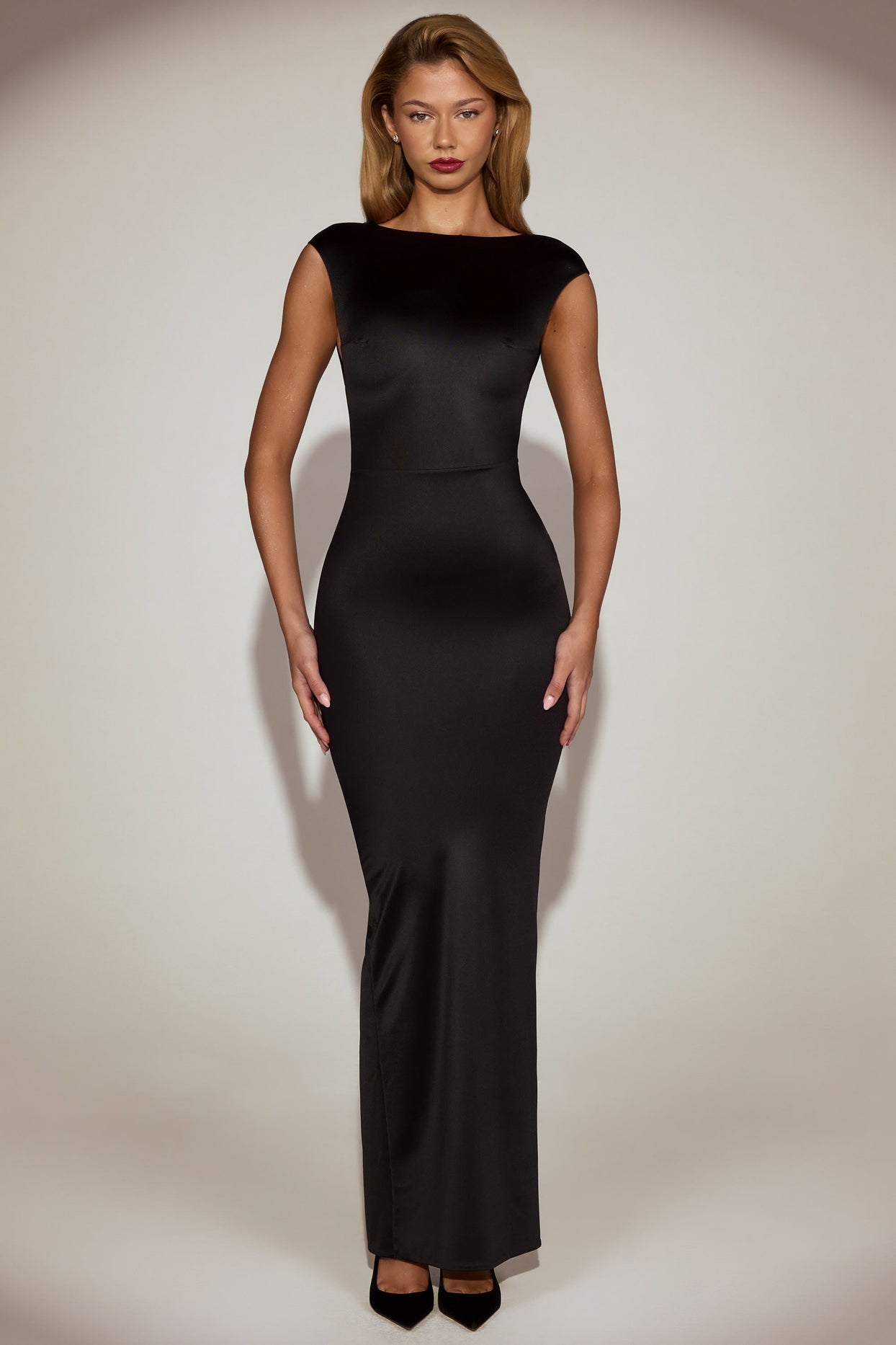 Twist-Back Boat-Neck Maxi Dress in Black