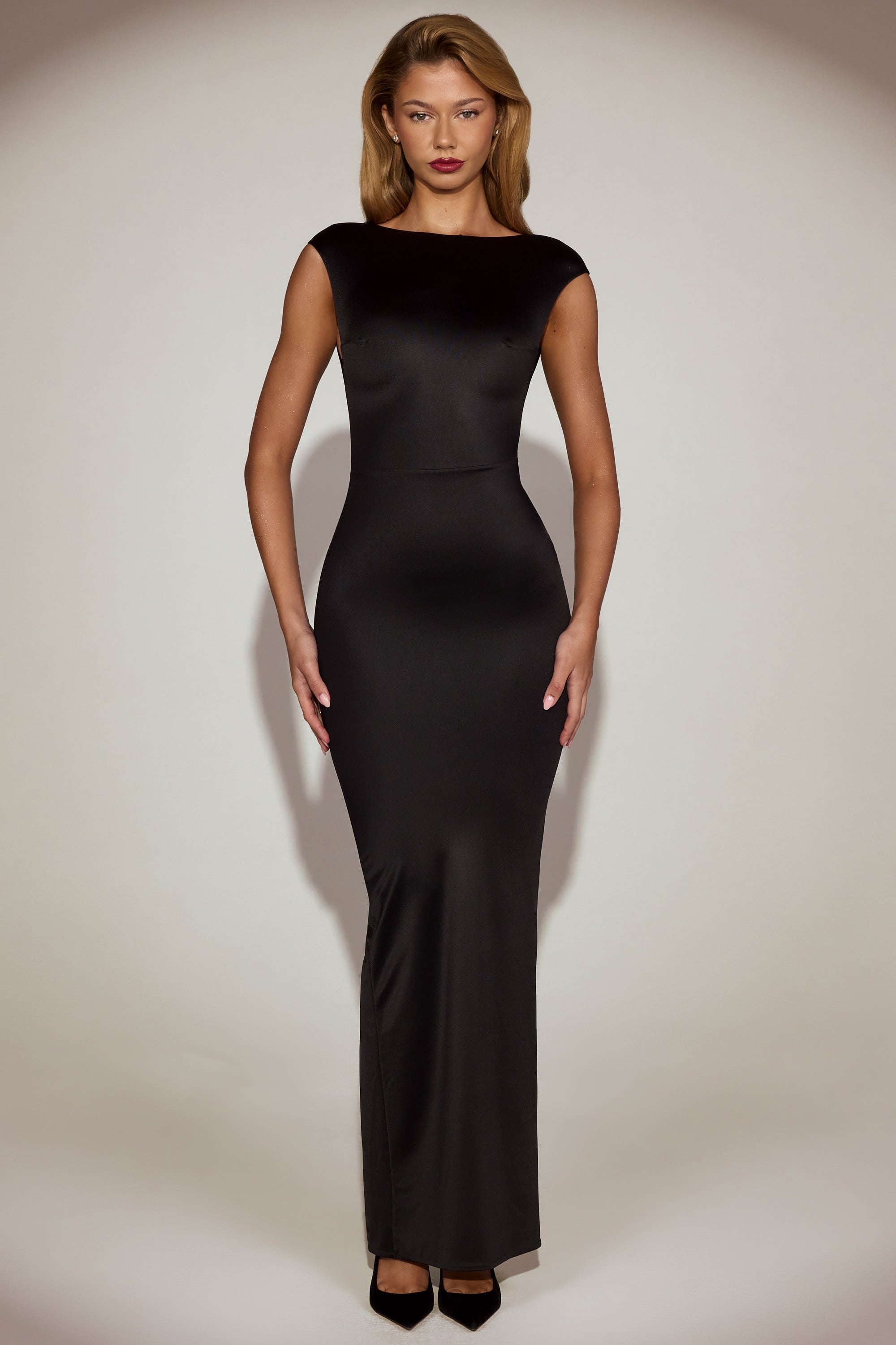Satin Boat-Neck Twist-Back Maxi Dress in Black