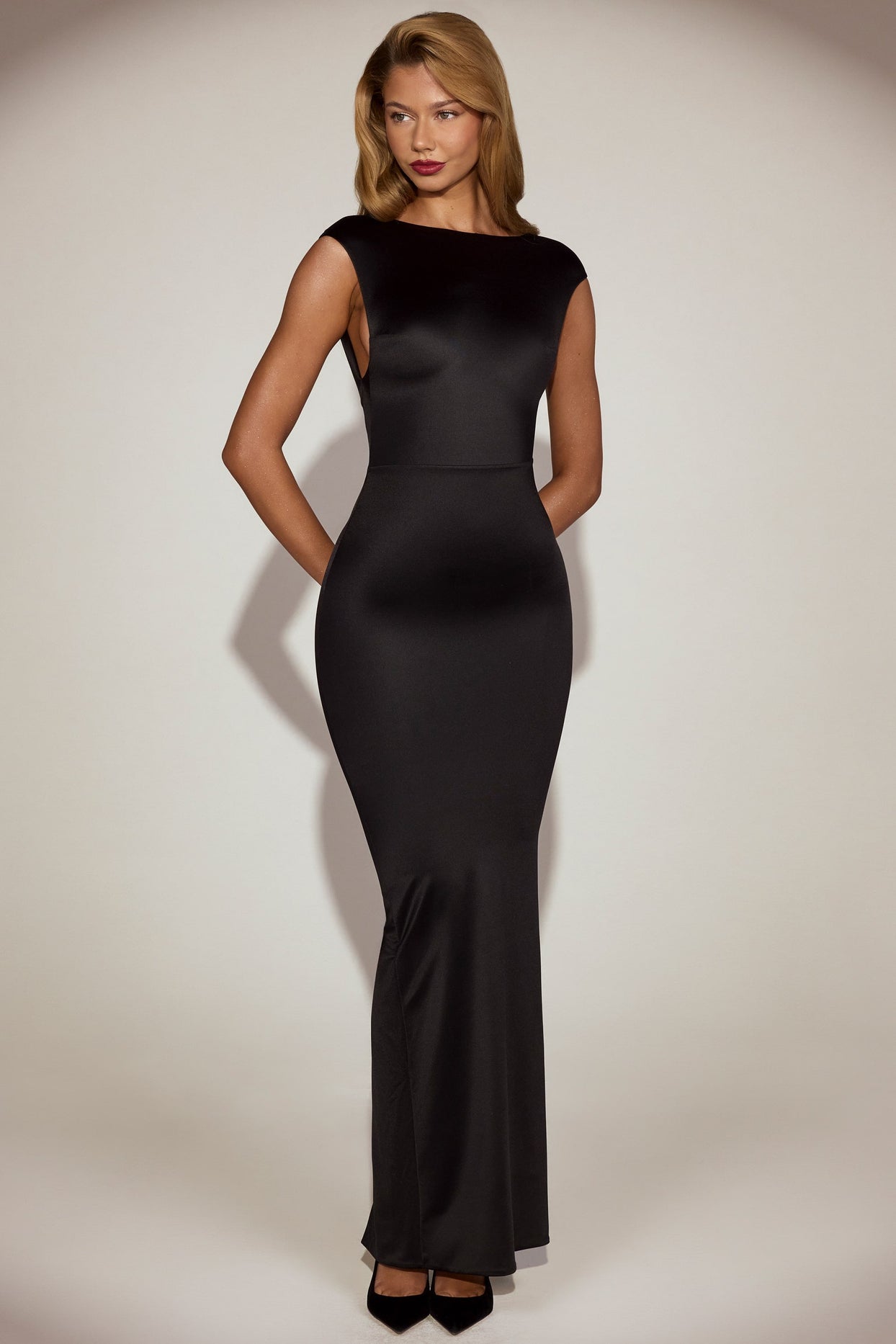 Twist-Back Boat-Neck Maxi Dress in Black