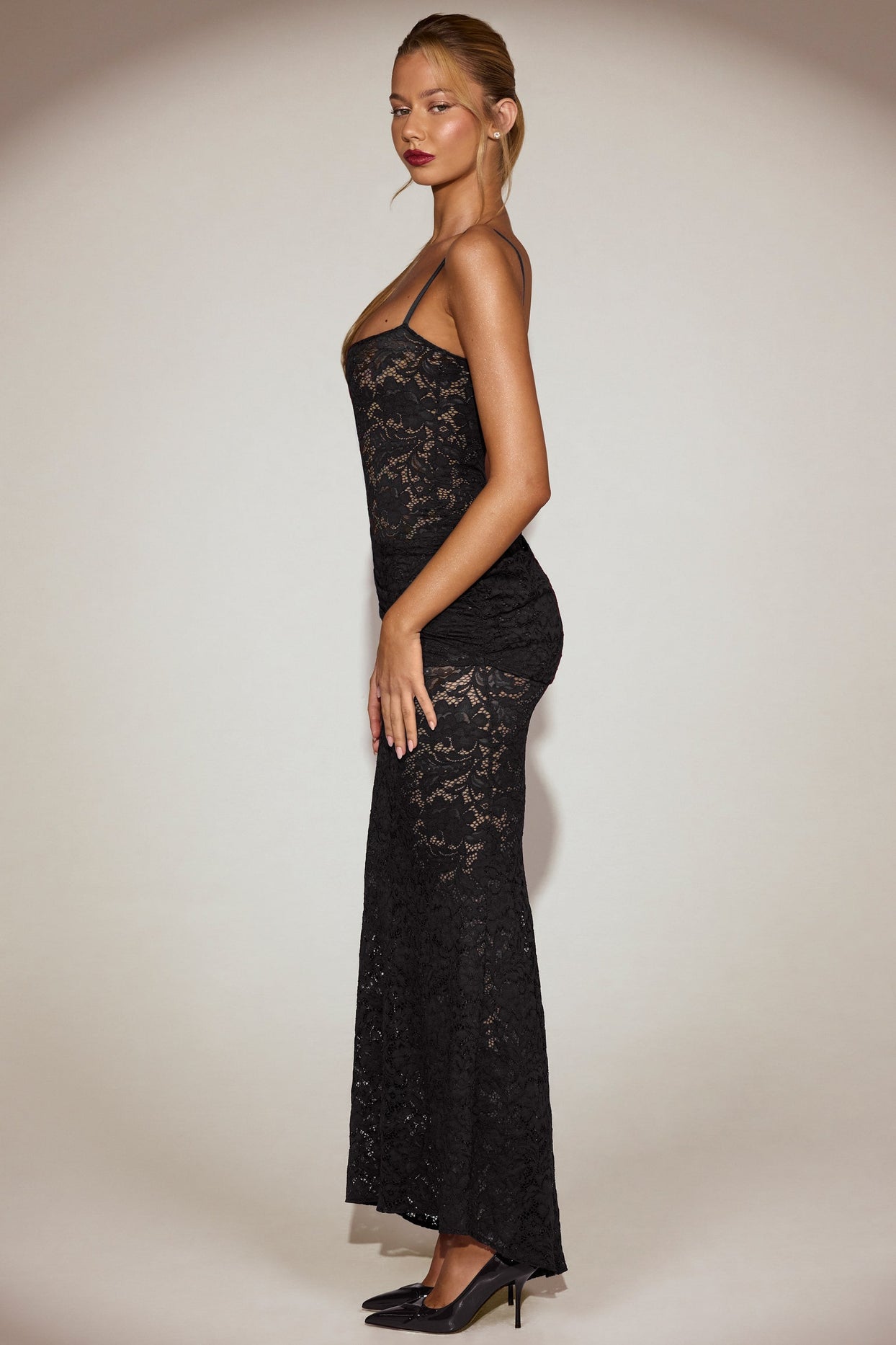Lace Ruched Gown in Black