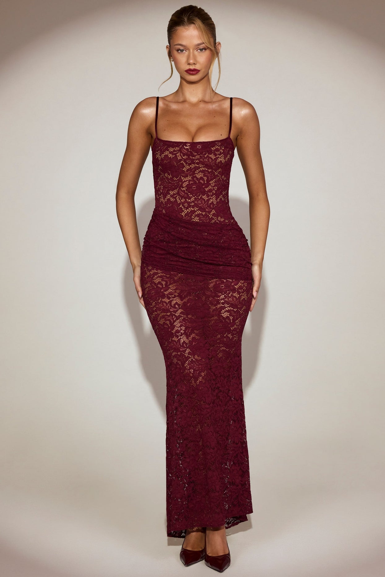 Lace Ruched Gown in Wine Red