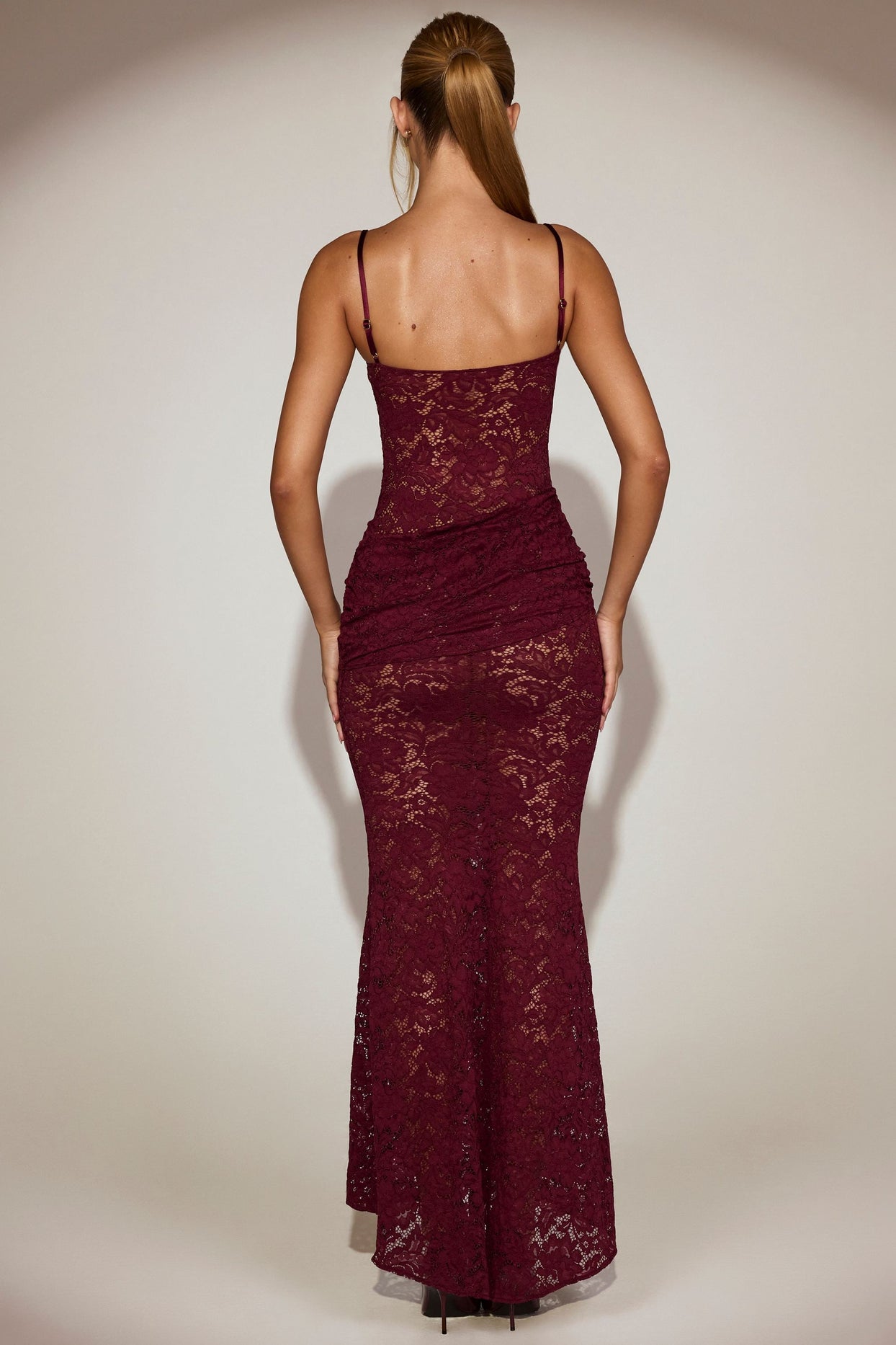 Lace Ruched Gown in Wine Red