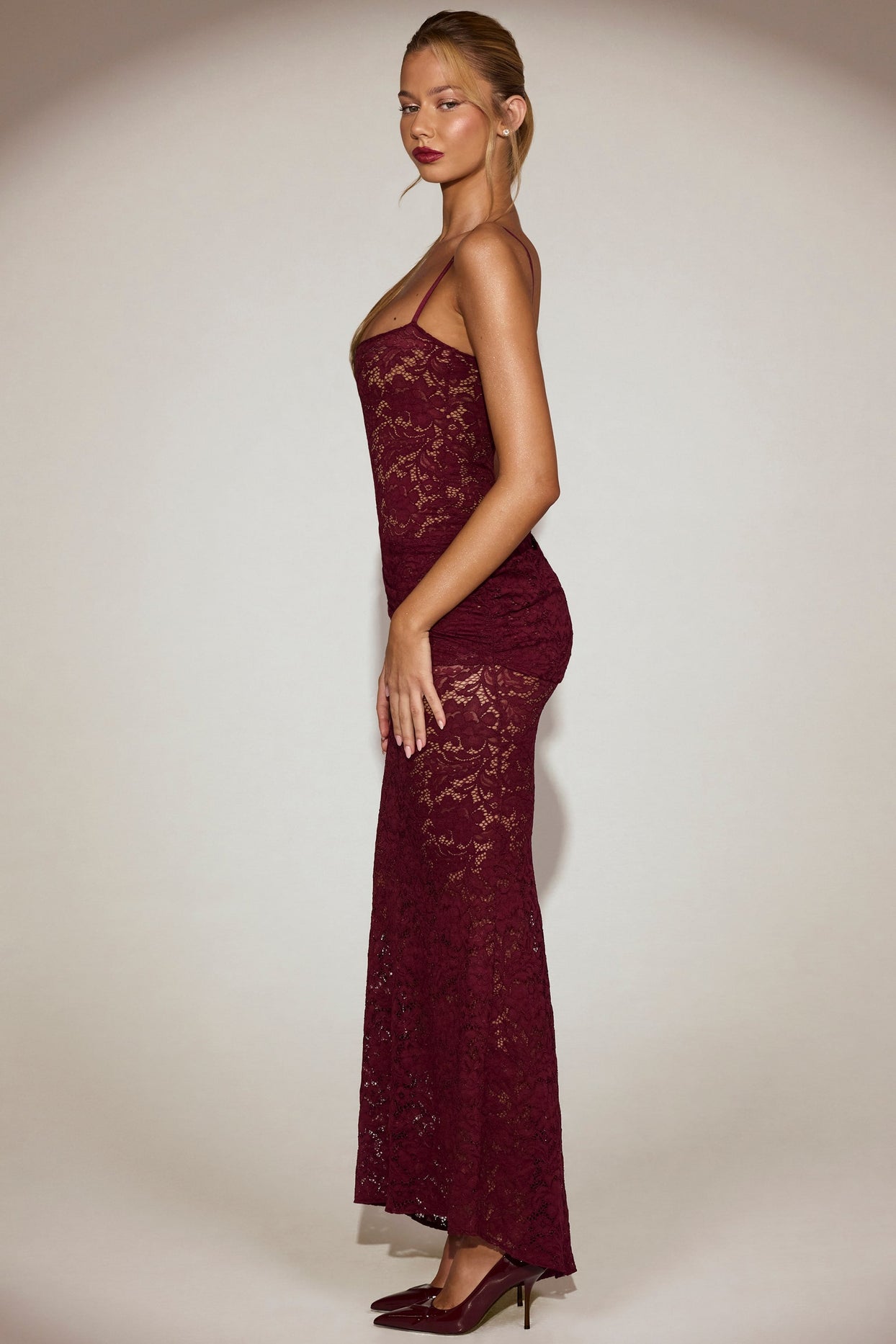 Lace Ruched Gown in Wine Red