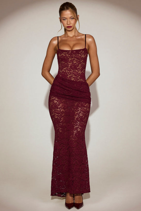 Lace Ruched Gown in Wine Red