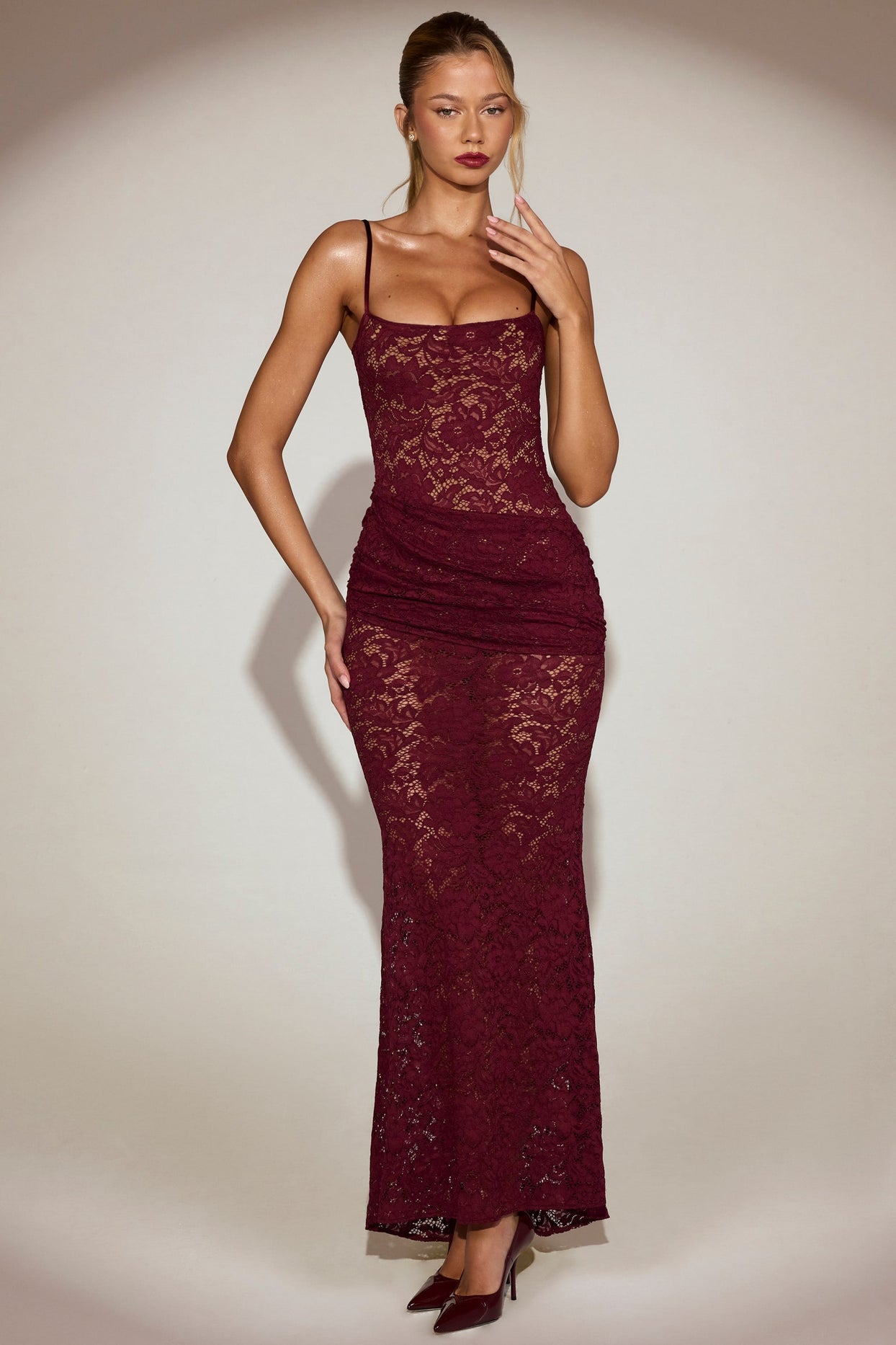 Lace Ruched Gown in Wine Red