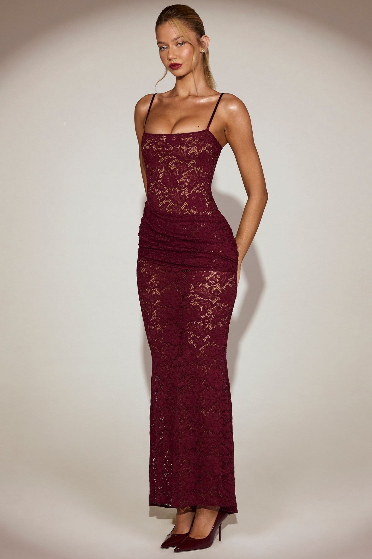 Lace Ruched Gown in Wine Red