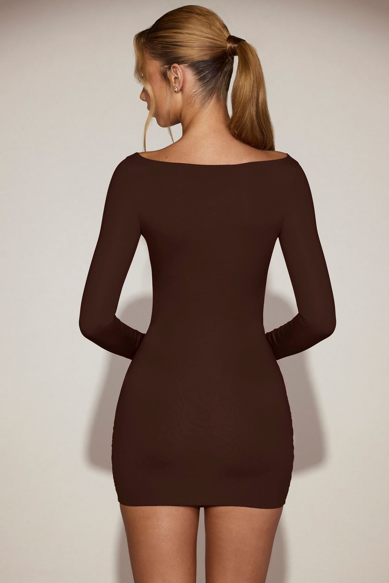 Draped Boat-Neck Mini Dress in Chocolate Brown