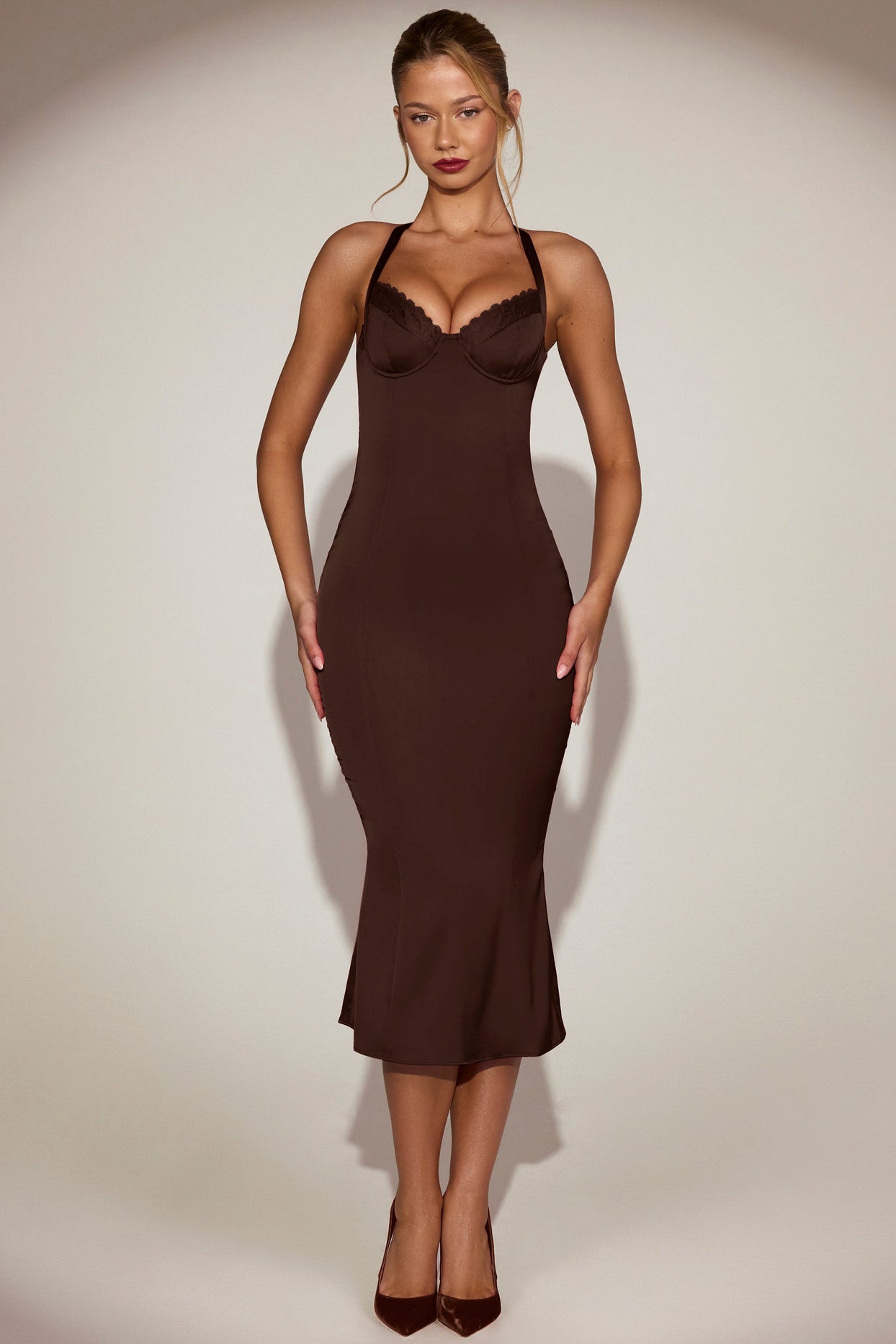 Lace-Trim Halterneck Fishtail Midaxi Dress in Chocolate Brown