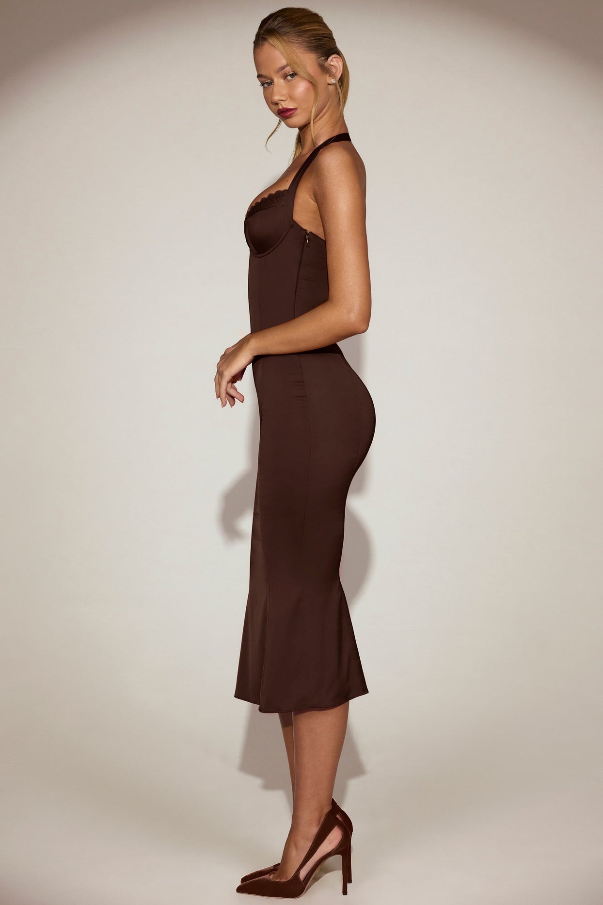 Lace-Trim Halterneck Fishtail Midaxi Dress in Chocolate Brown