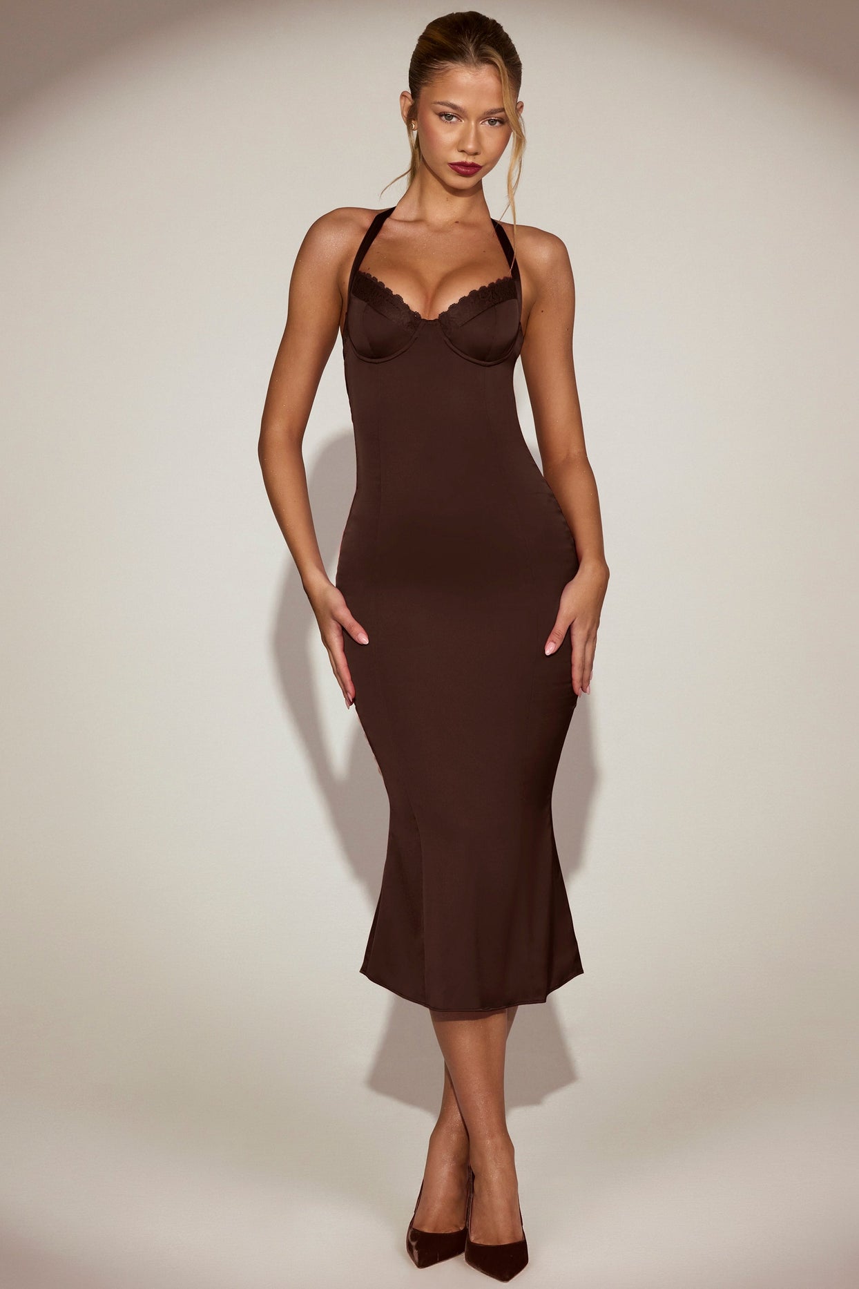 Lace-Trim Halterneck Fishtail Midaxi Dress in Chocolate Brown