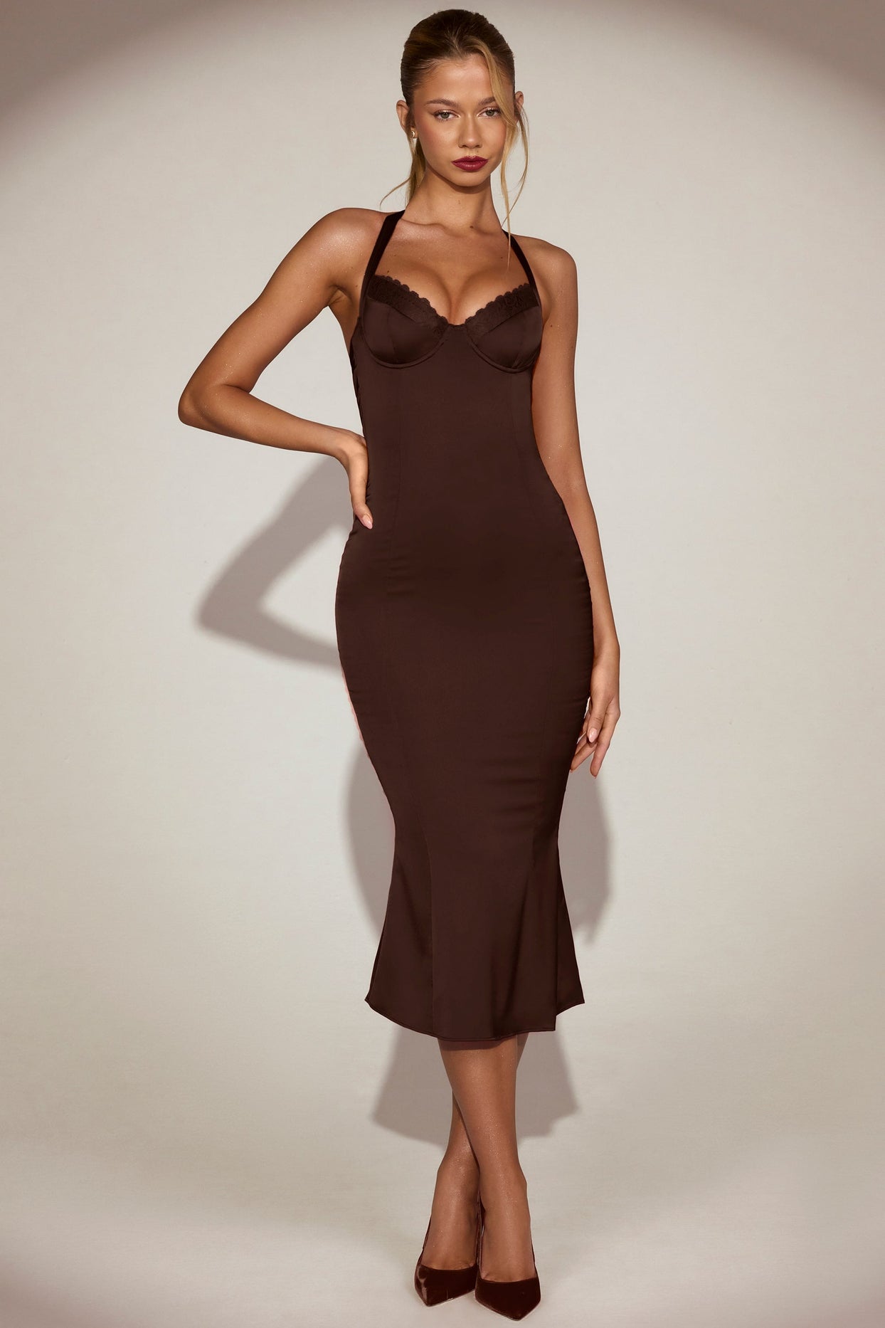 Lace-Trim Halterneck Fishtail Midaxi Dress in Chocolate Brown