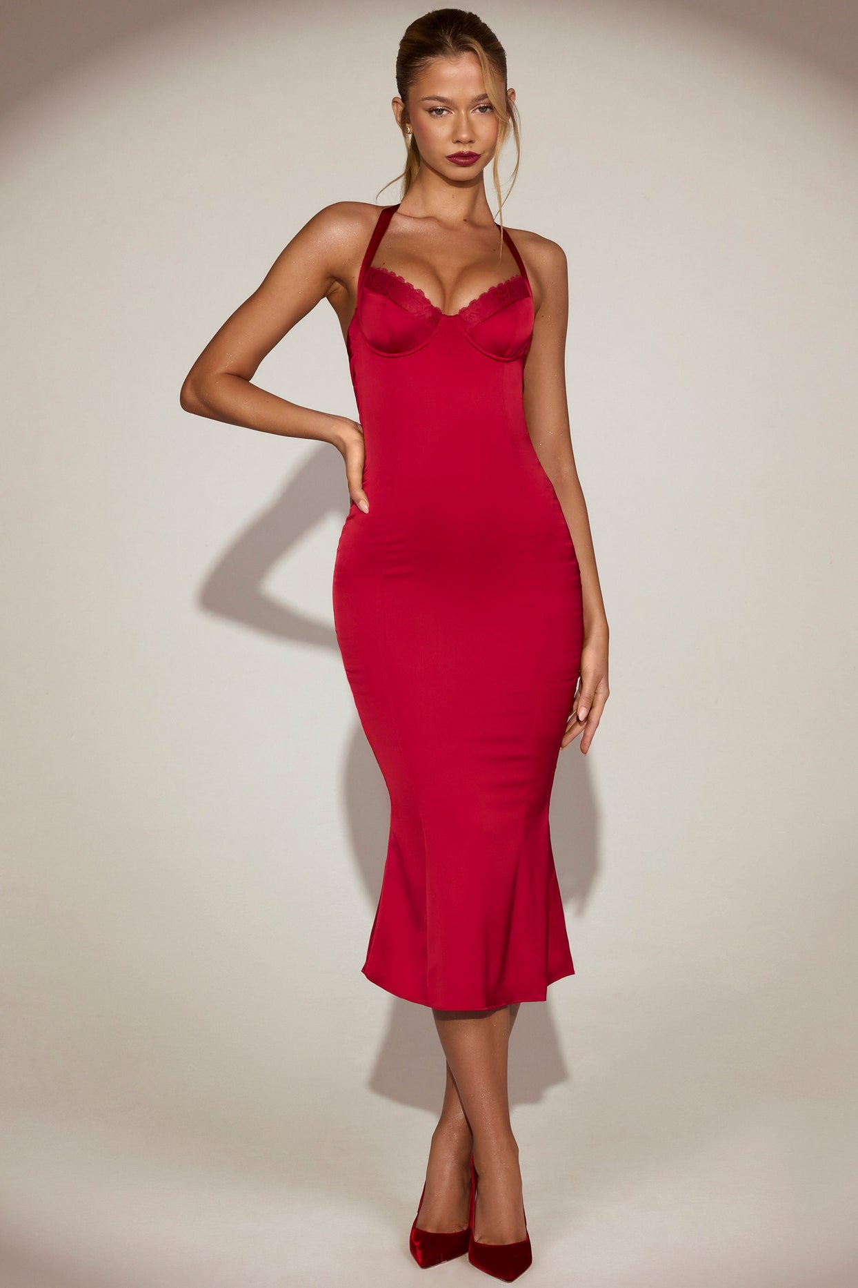 Lace-Trim Halterneck Fishtail Midaxi Dress in True Red