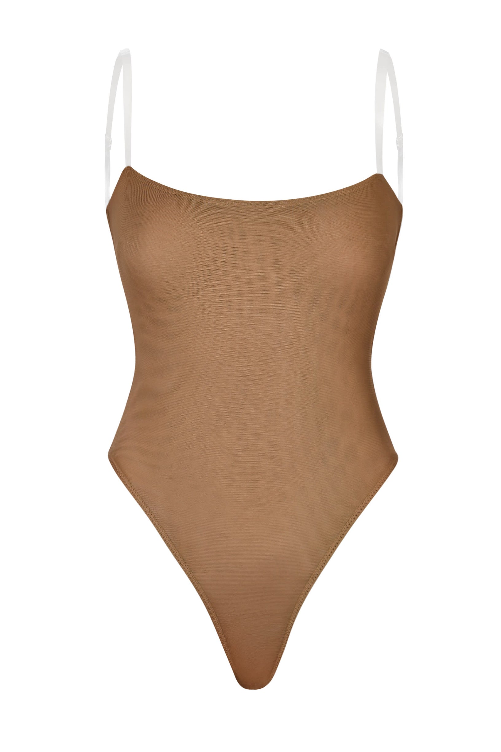 Soft Mesh Invisible Strap Thong Bodysuit in Almond - 1