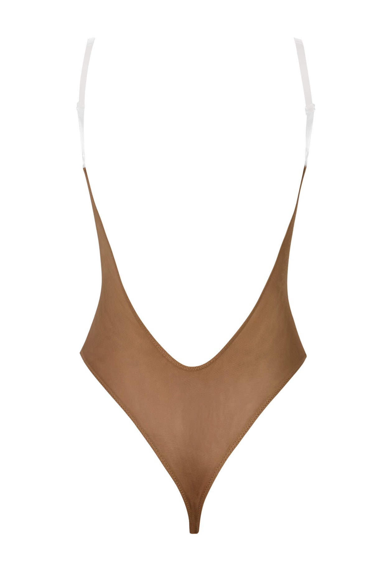 Soft Mesh Clear Strap Bodysuit in Almond