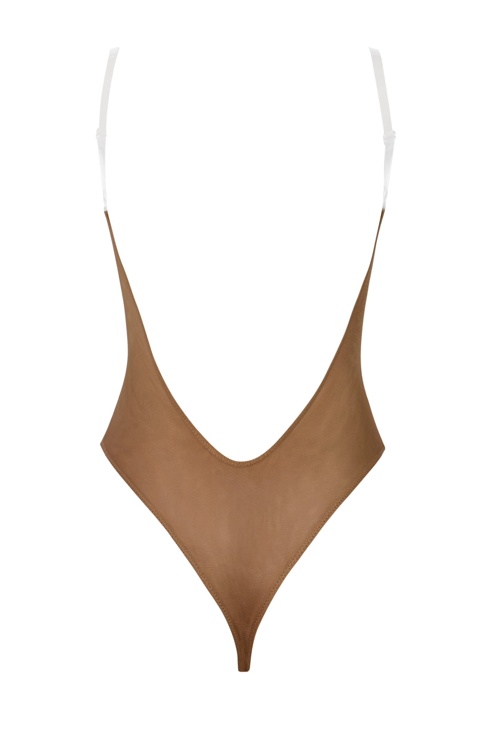 Soft Mesh Invisible Strap Thong Bodysuit in Almond - 2