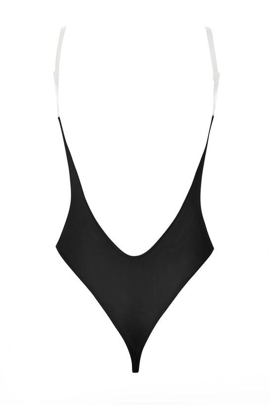 Soft Mesh Clear Strap Bodysuit in Black