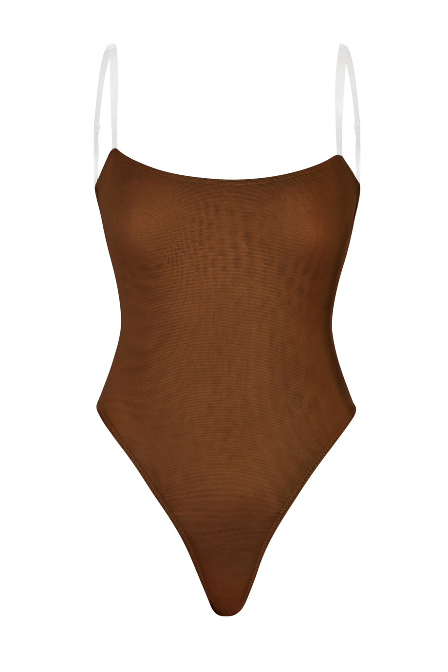 Soft Mesh Clear Strap Bodysuit in Chestnut