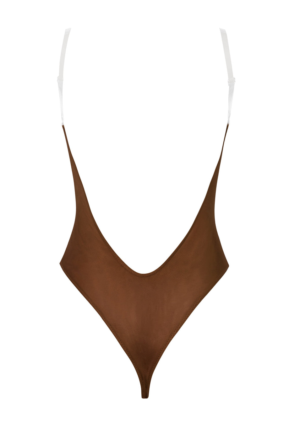 Soft Mesh Clear Strap Bodysuit in Chestnut