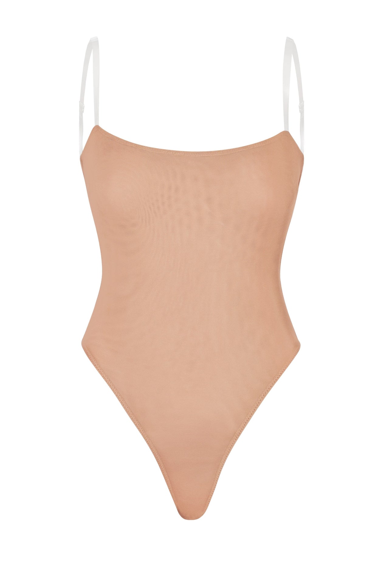 Soft Mesh Clear Strap Bodysuit in Warm Peach