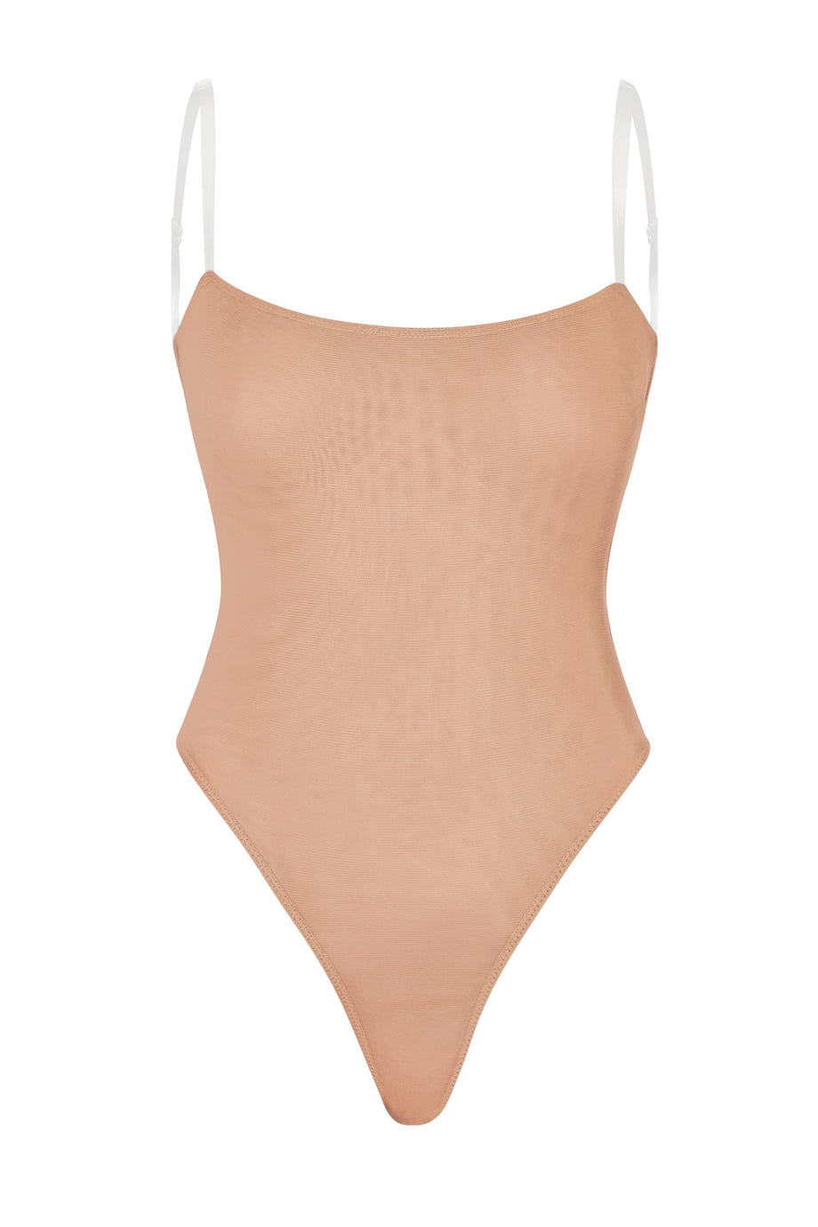 Soft Mesh Clear Strap Bodysuit in Warm Peach