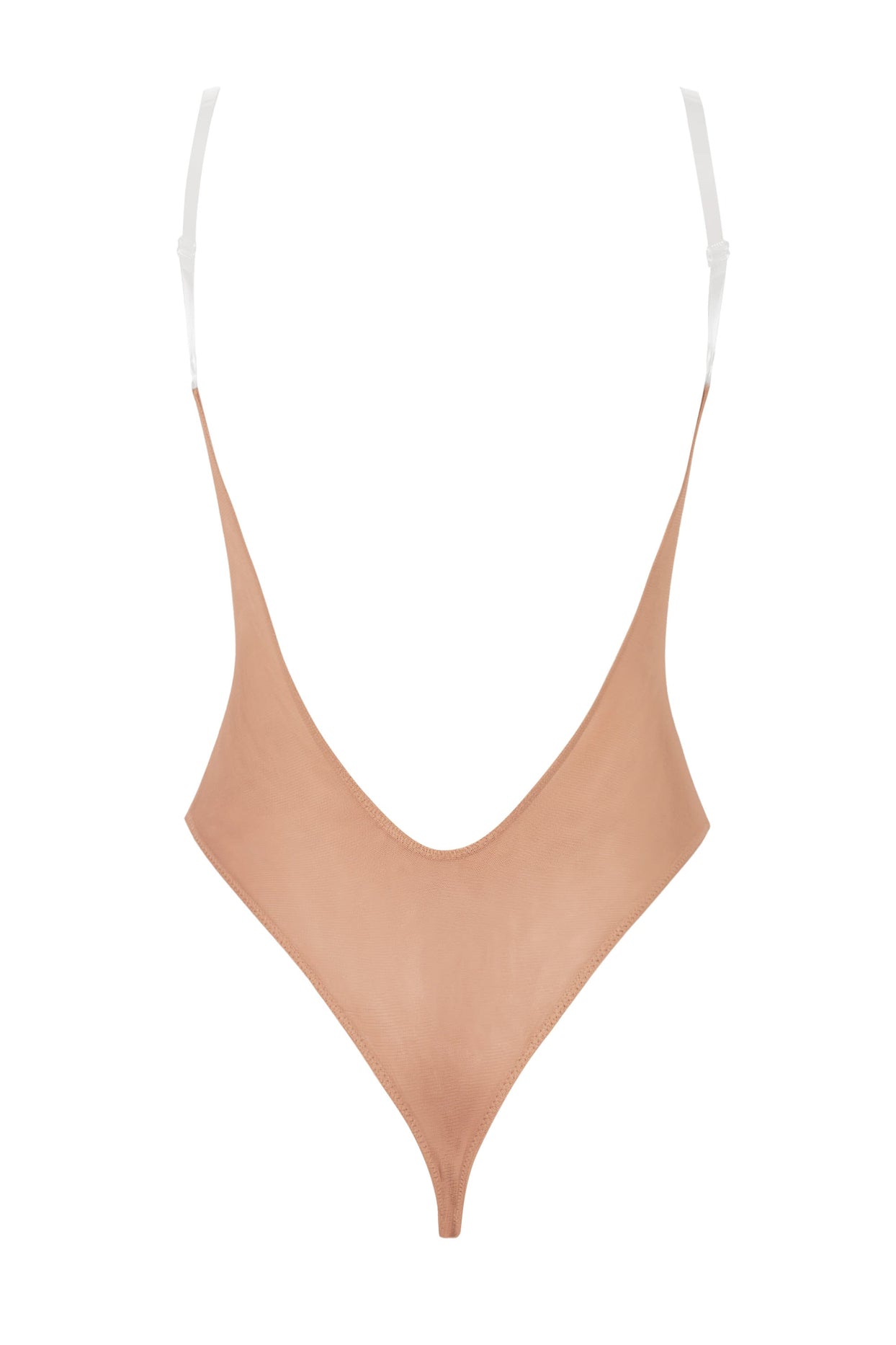 Soft Mesh Clear Strap Bodysuit in Warm Peach