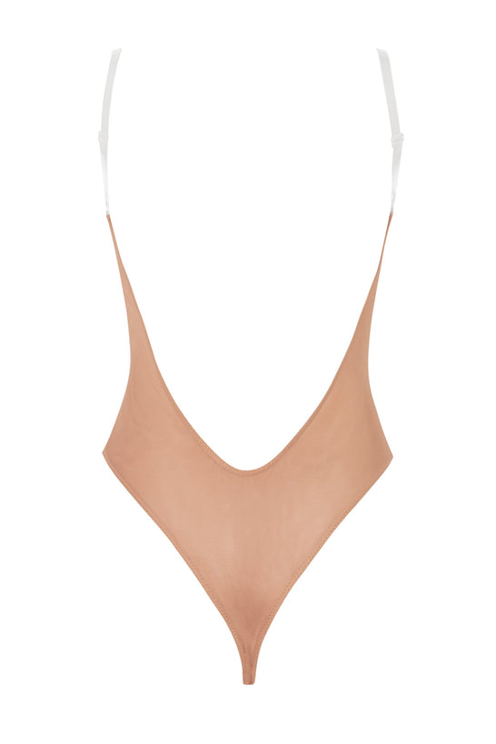 Soft Mesh Clear Strap Bodysuit in Warm Peach