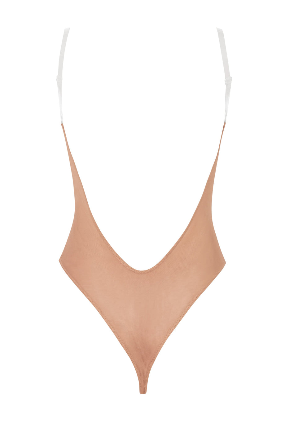 Soft Mesh Clear Strap Bodysuit in Warm Peach
