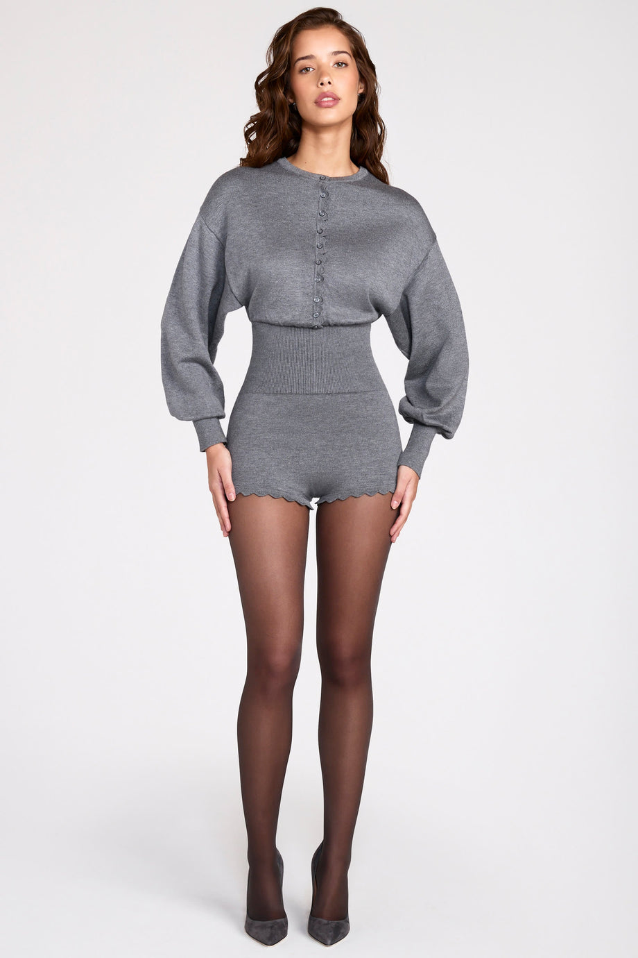 Knit Long-Sleeve Romper in Grey