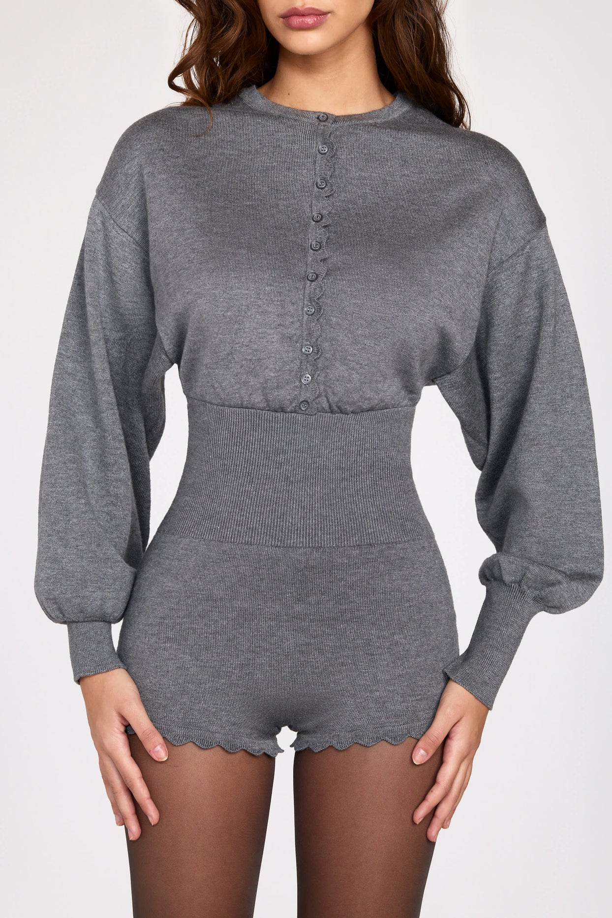 Knit Long-Sleeve Romper in Grey