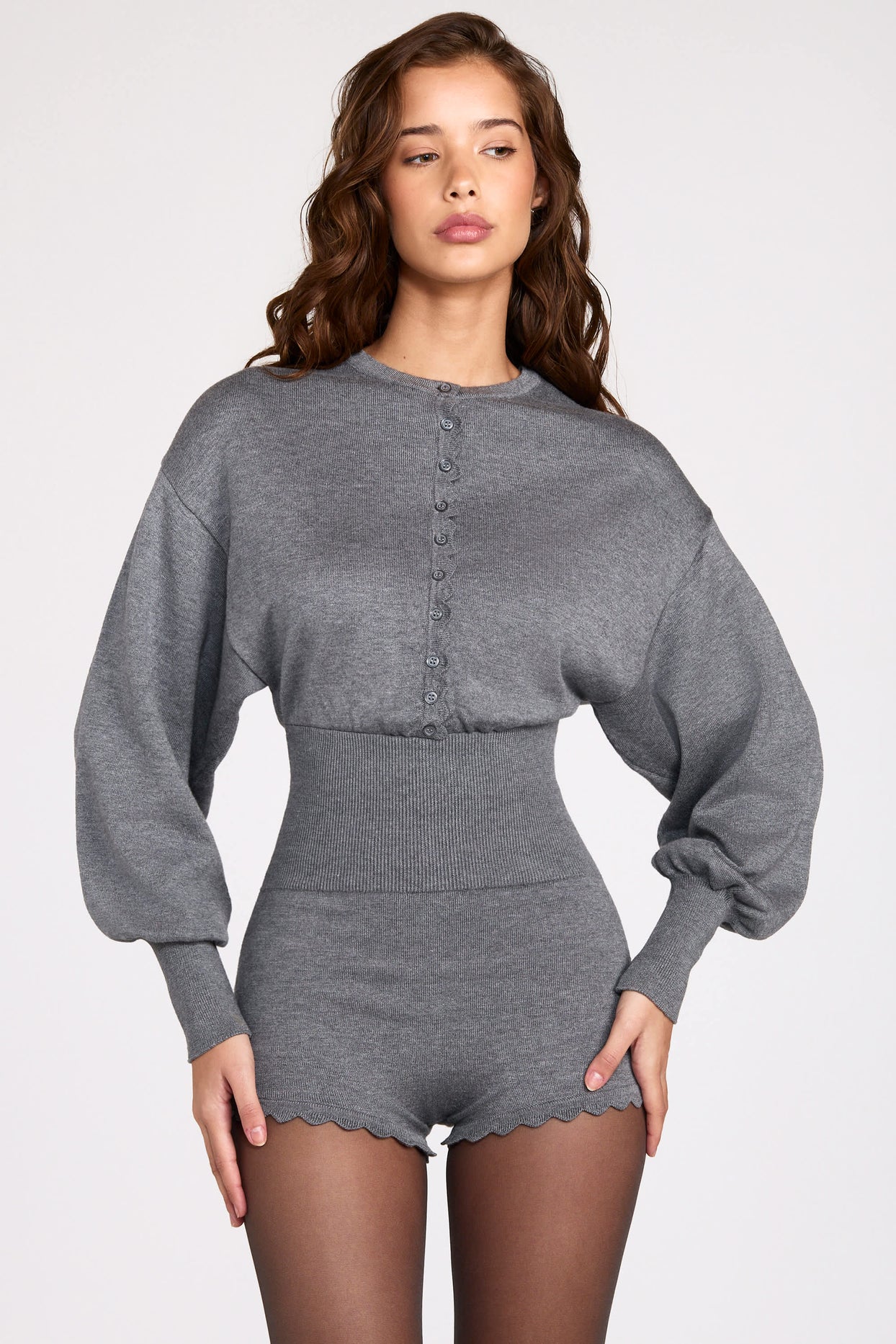 Knit Long-Sleeve Romper in Grey