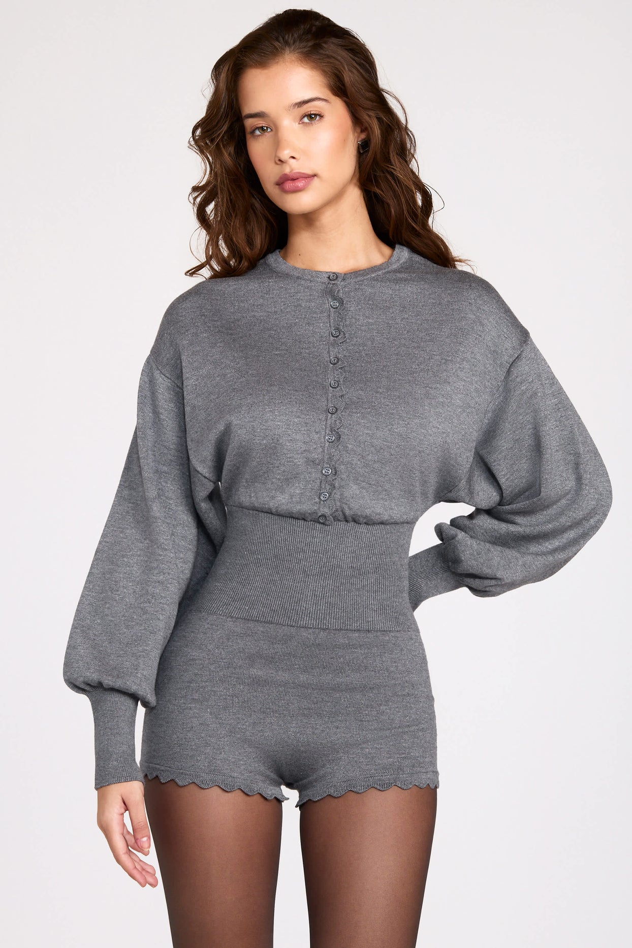 Knit Long-Sleeve Romper in Grey