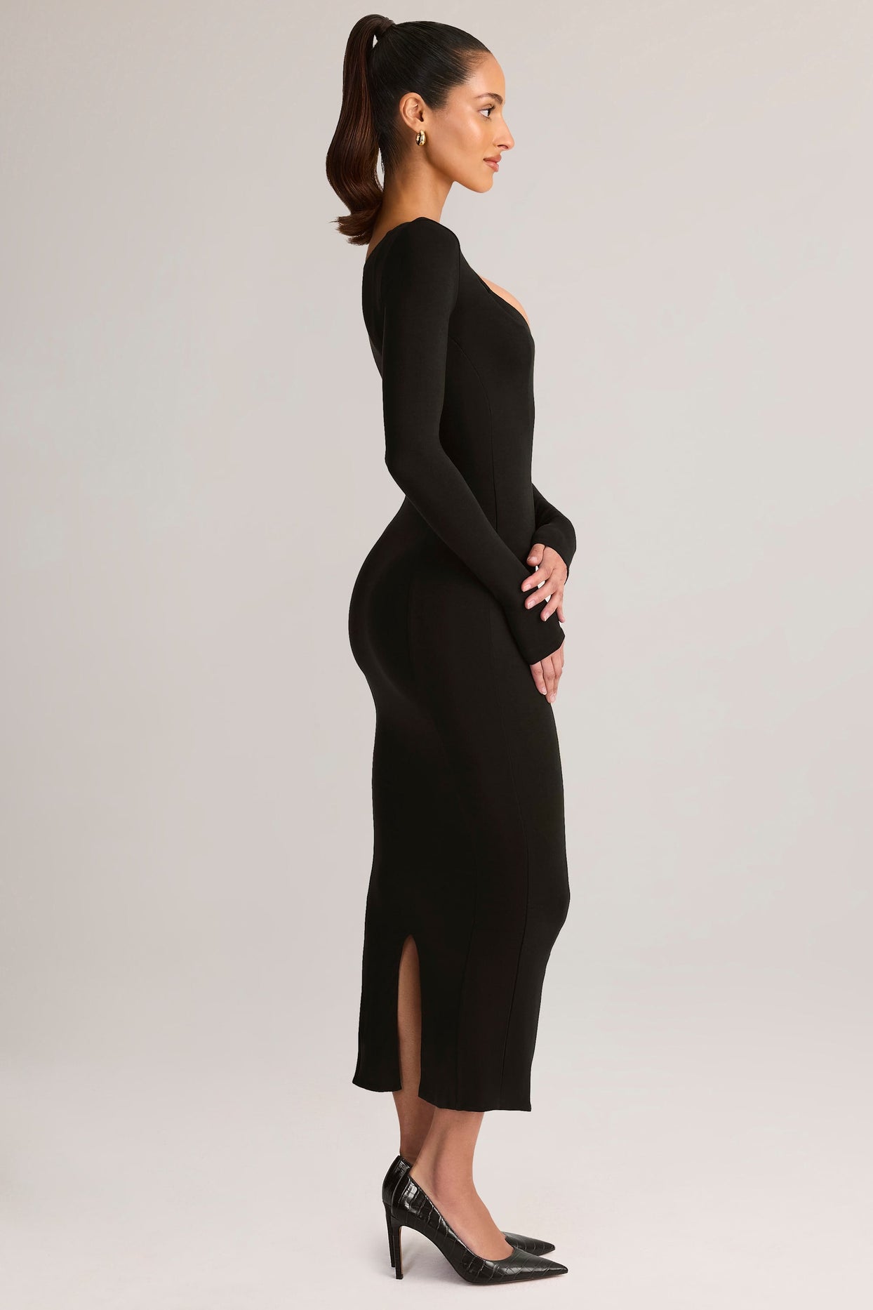 Modal Peekaboo Long-Sleeve Midi Dress in Black
