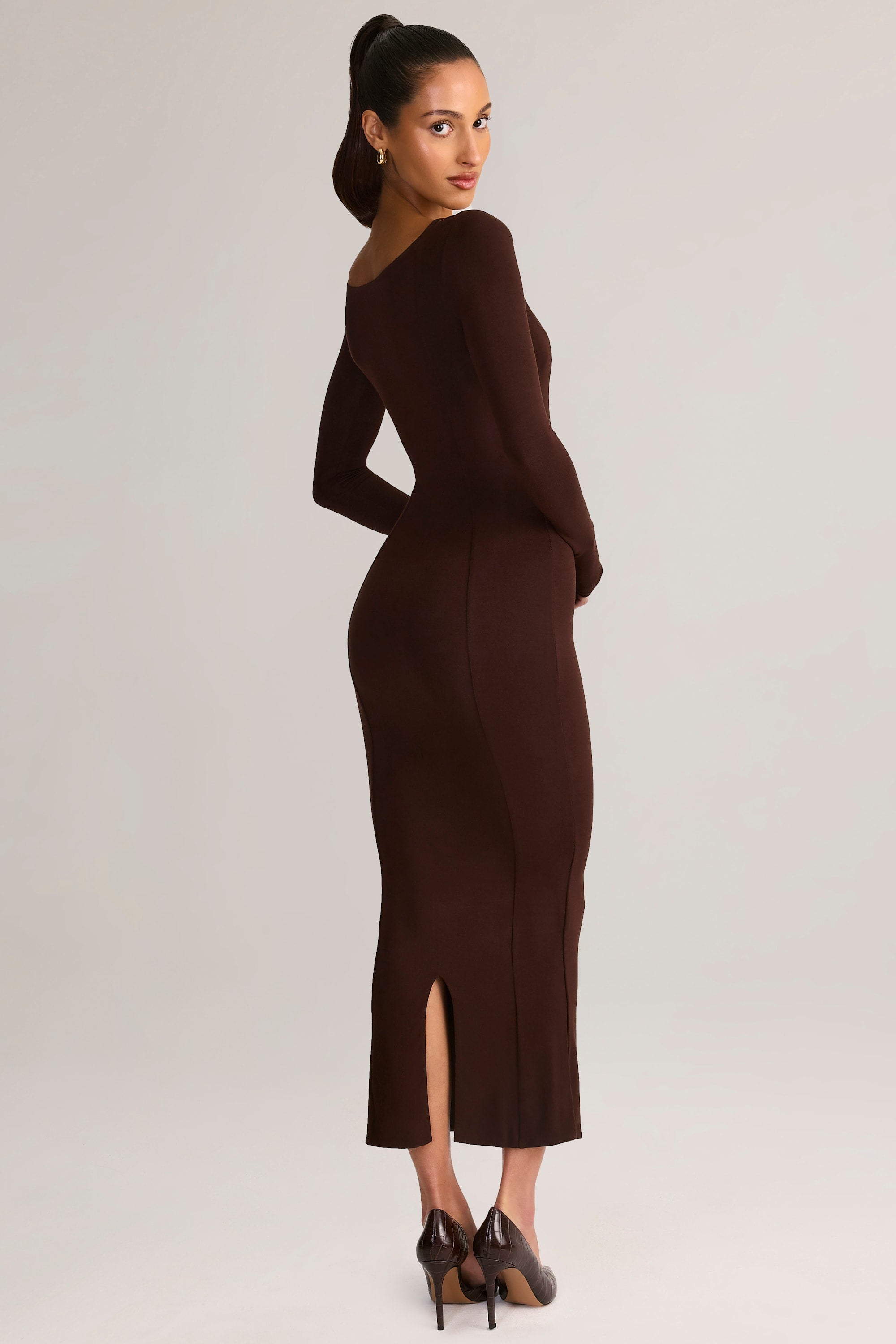 Ori Modal Peekaboo Long-Sleeve Midi Dress in Chocolate Brown