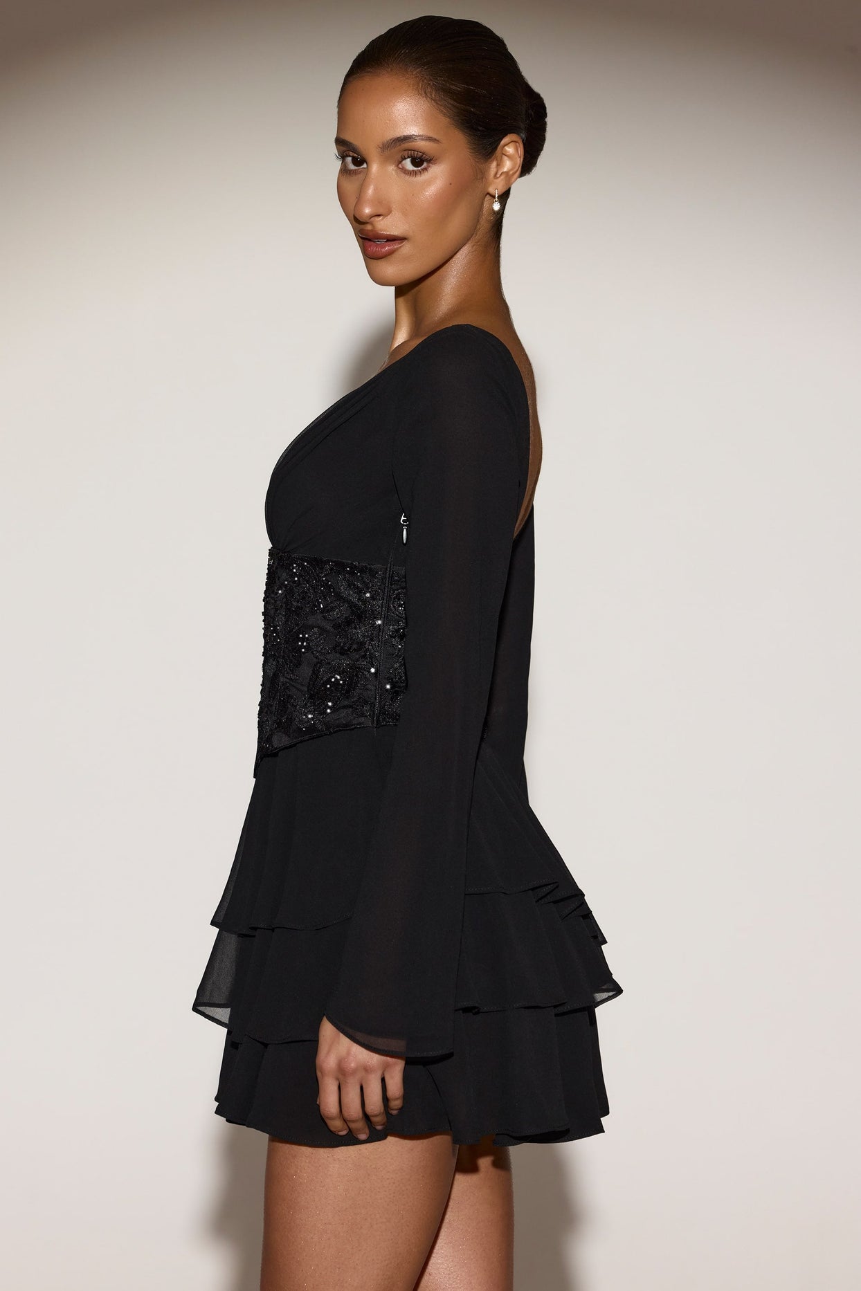Embellished Corset A-line Mini Dress in Black