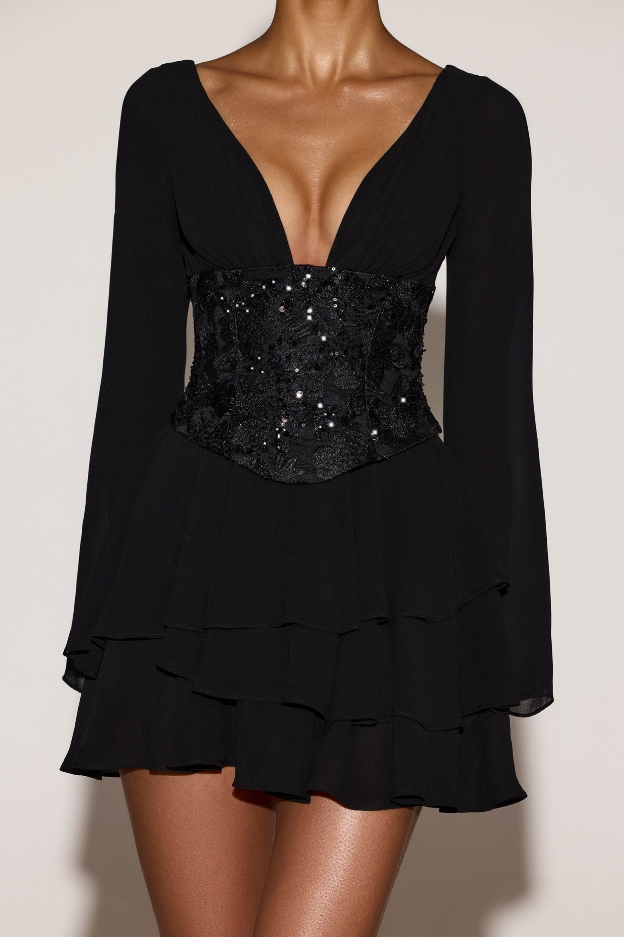 Embellished Corset A-line Mini Dress in Black