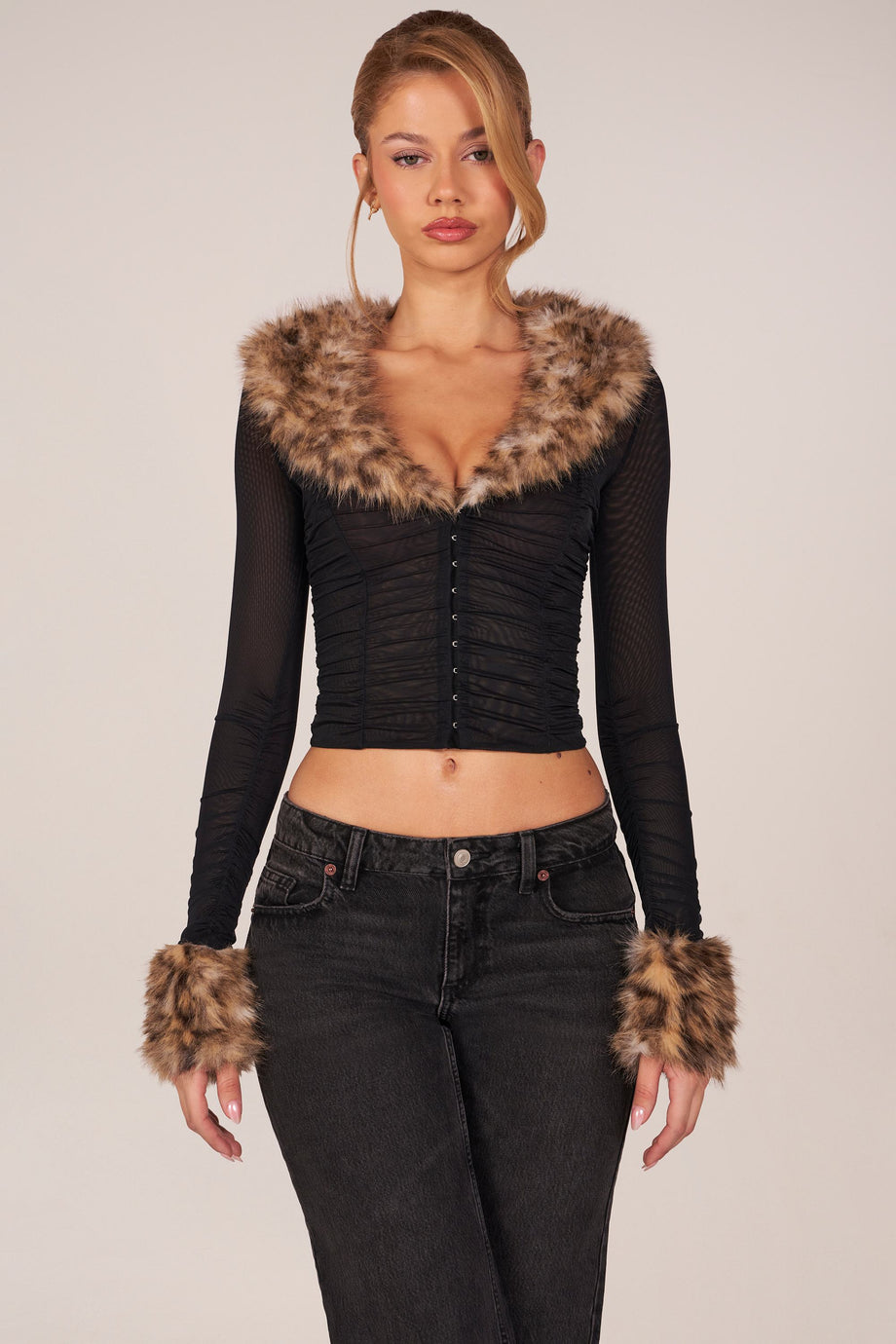 Faux Fur-Trim Sheer Mesh Cardigan in Black