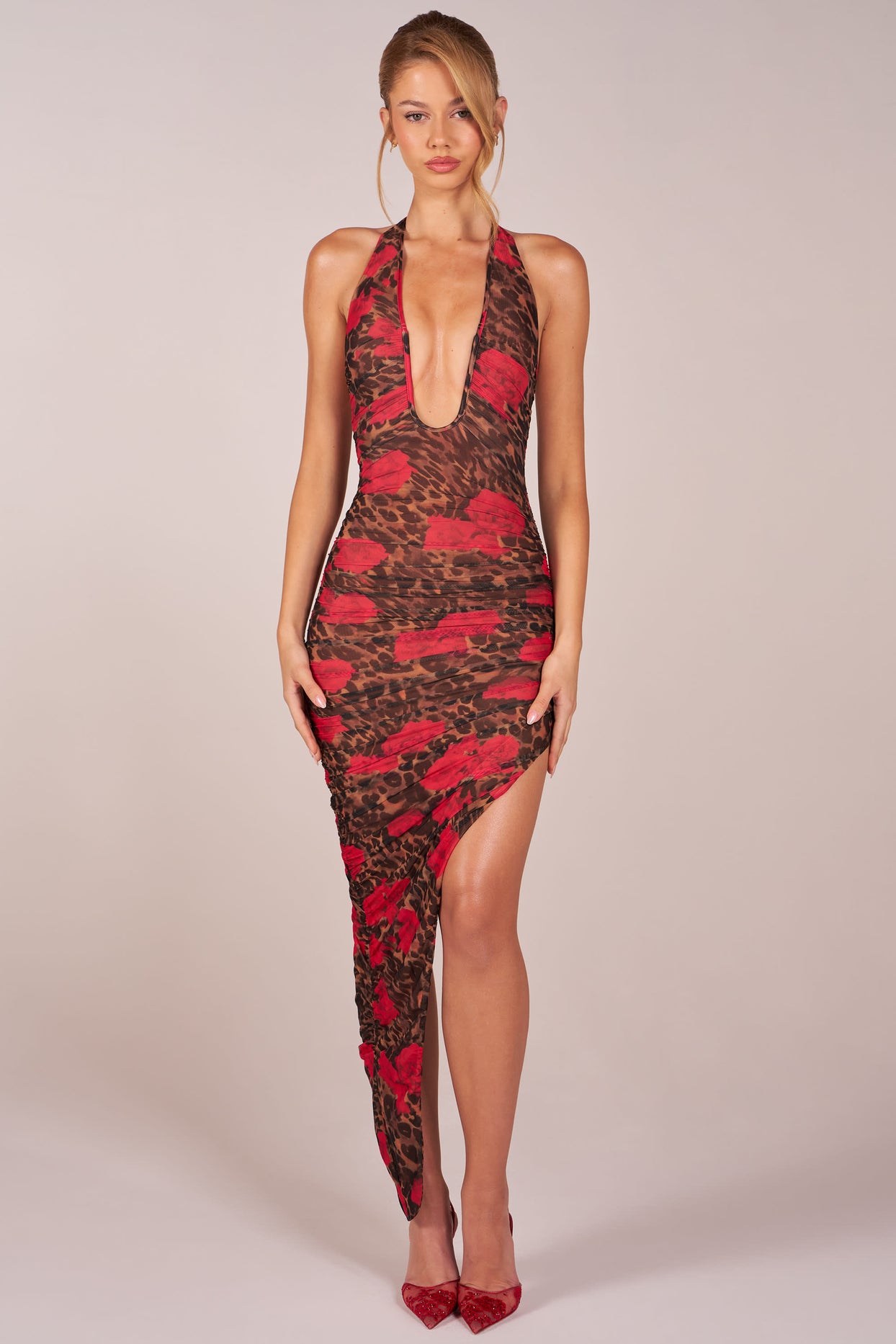 Halterneck Split Hem Midaxi Dress in Rose Leopard Print