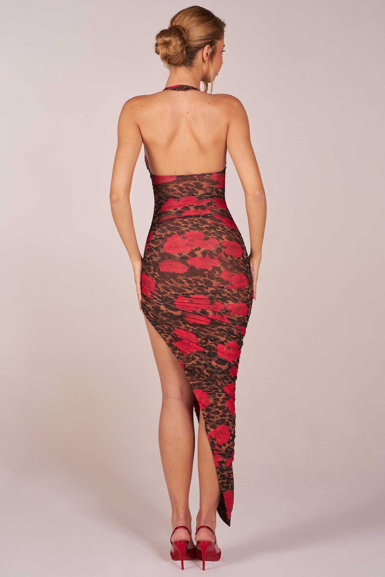 Halterneck Split Hem Midaxi Dress in Rose Leopard Print