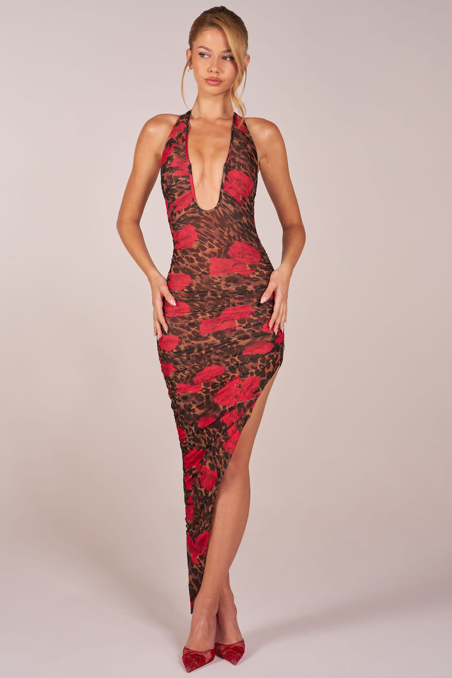 Halterneck Split Hem Midaxi Dress in Rose Leopard Print
