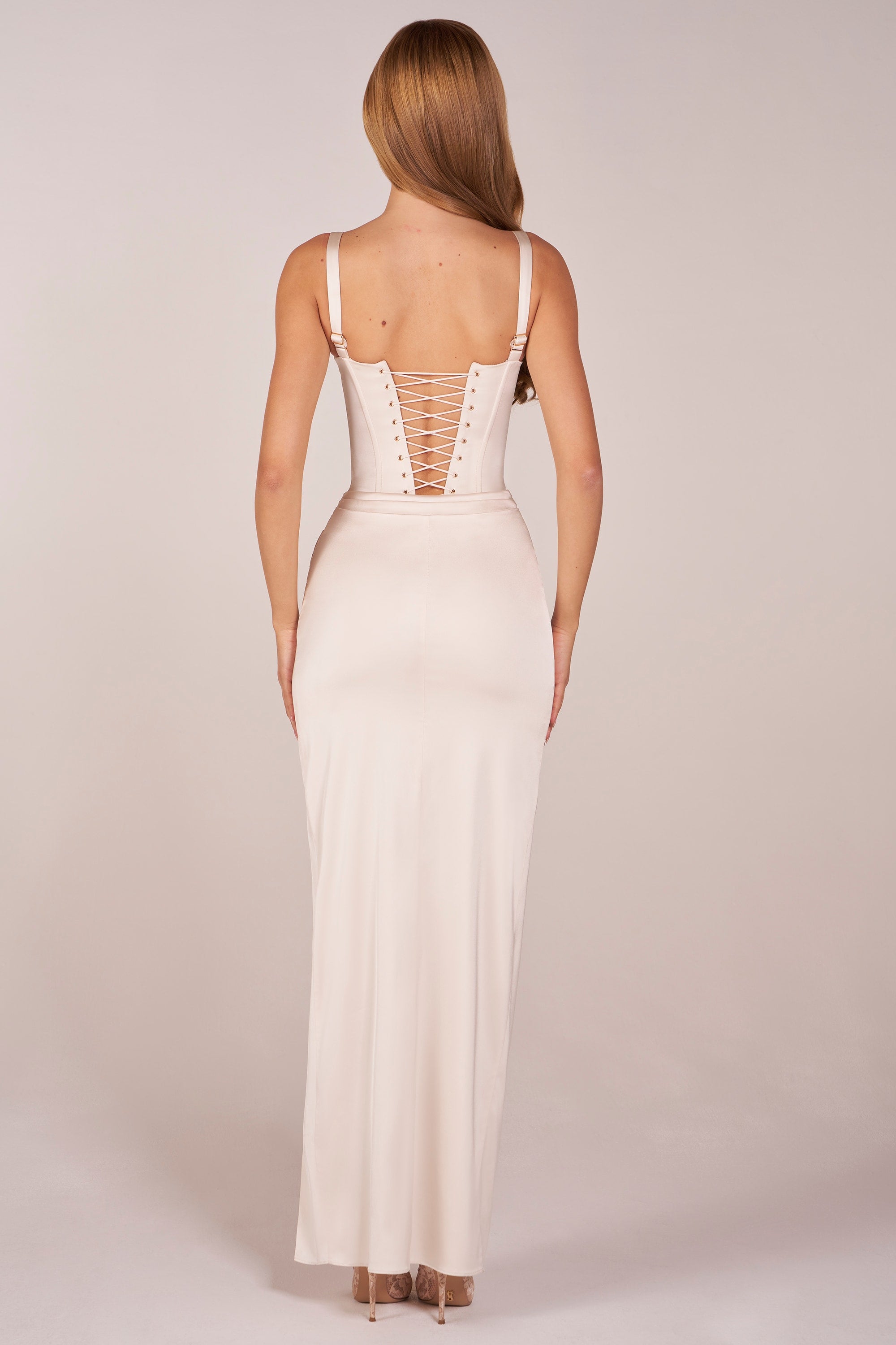 Corseted Thigh-High Split Maxi Dress in Pearl