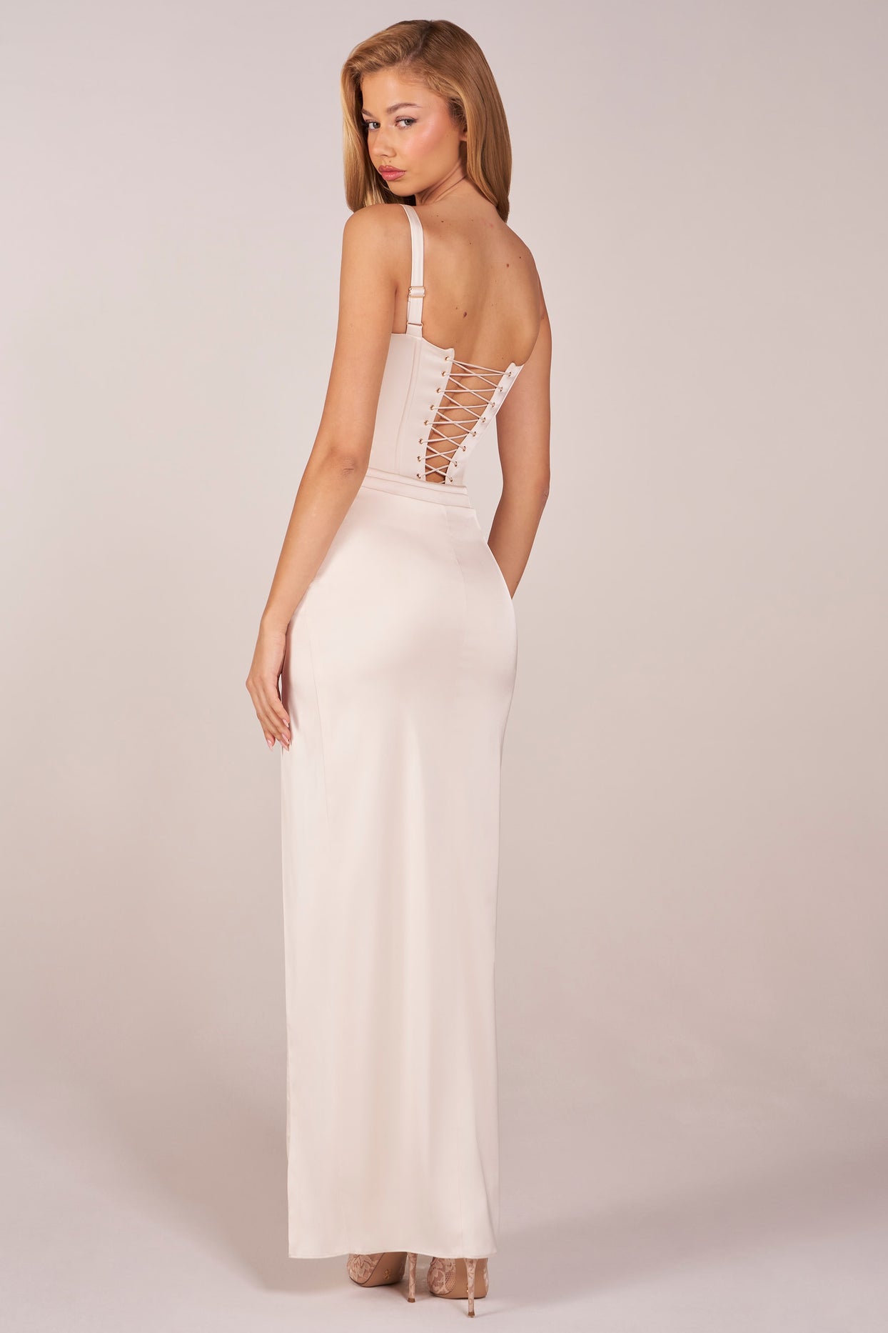 Corseted Thigh-High Split Maxi Dress in Ivory