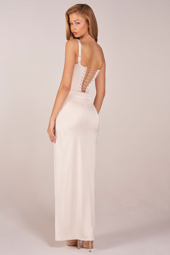 Corseted Thigh-High Split Maxi Dress in Ivory